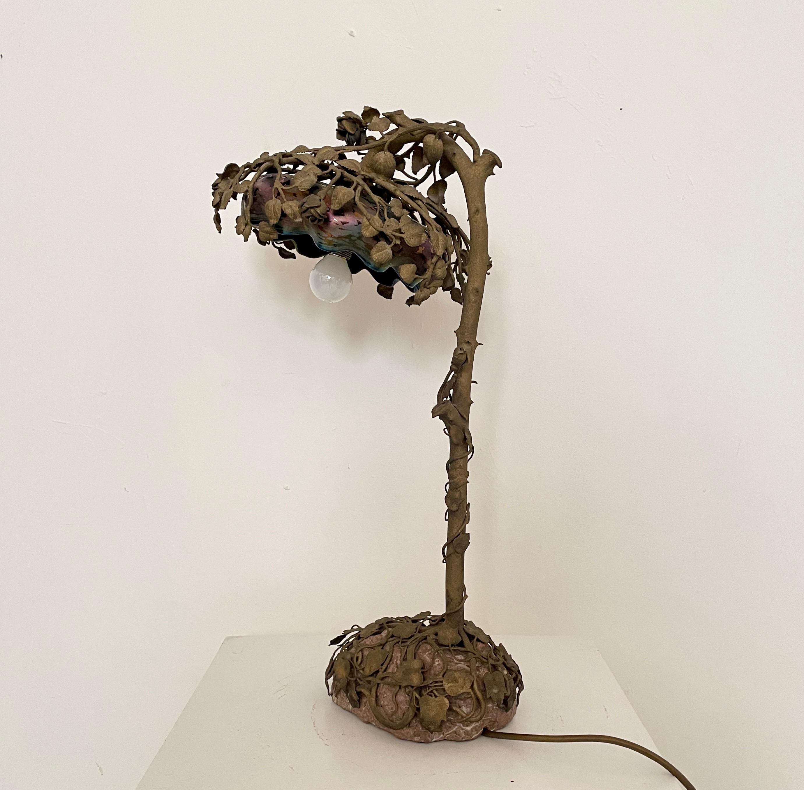 French Art Nouveau Table Lamp Cast Bronze Rose Tree, Enameled Glass, Around 1910 For Sale 7