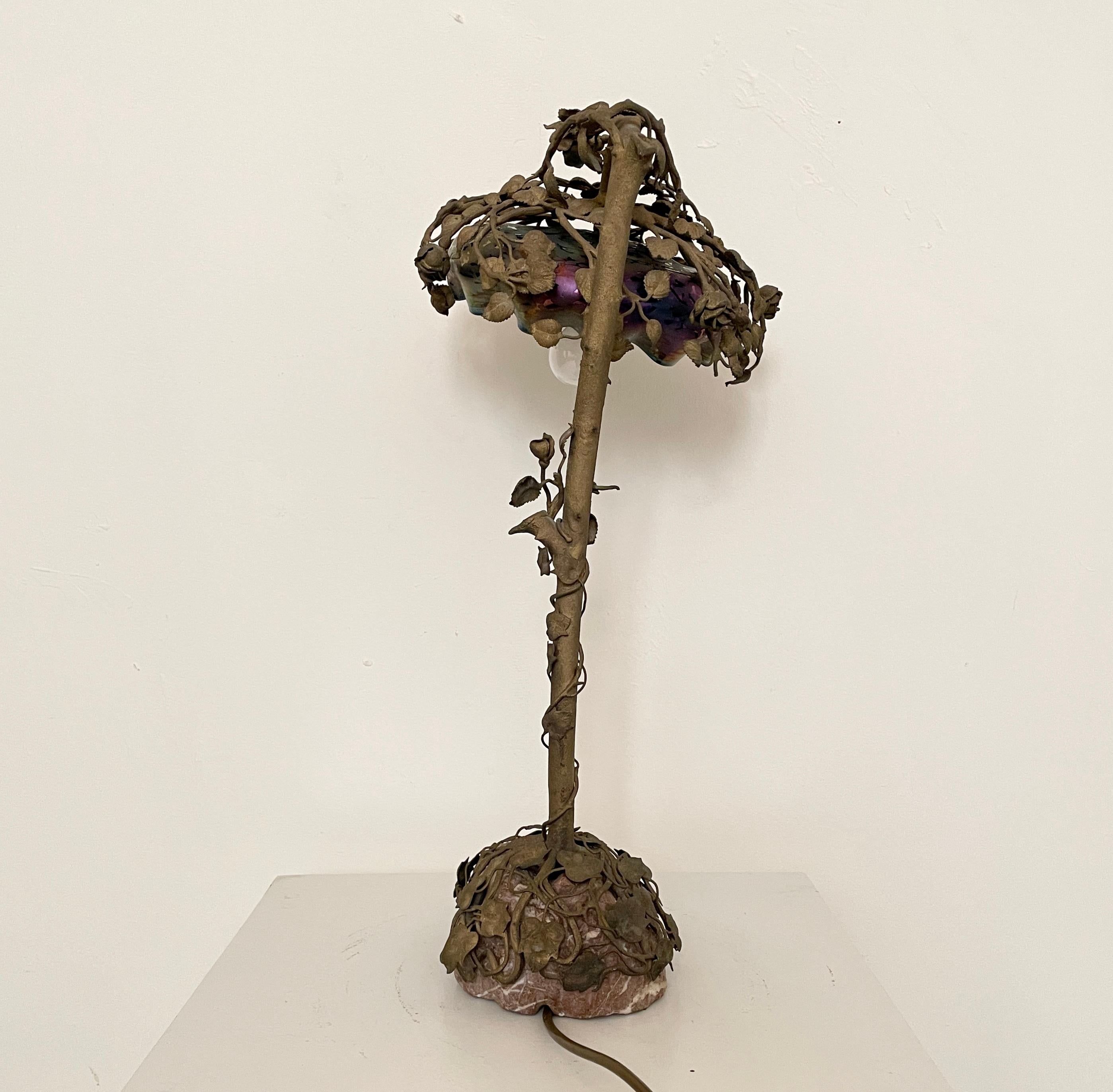 French Art Nouveau Table Lamp Cast Bronze Rose Tree, Enameled Glass, Around 1910 For Sale 10