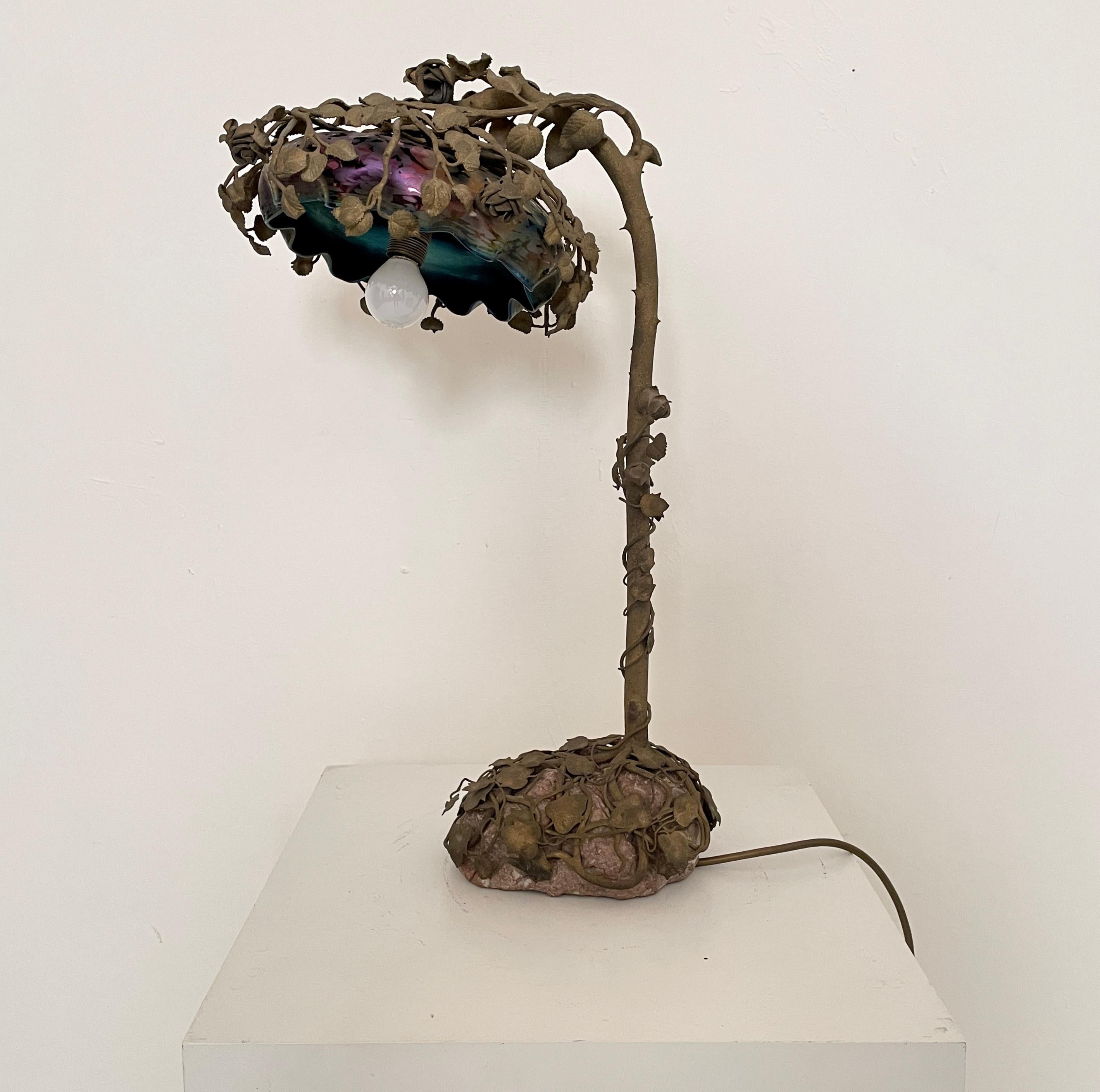 French Art Nouveau Table Lamp Cast Bronze Rose Tree, Enameled Glass, Around 1910 In Good Condition For Sale In Berlin, DE