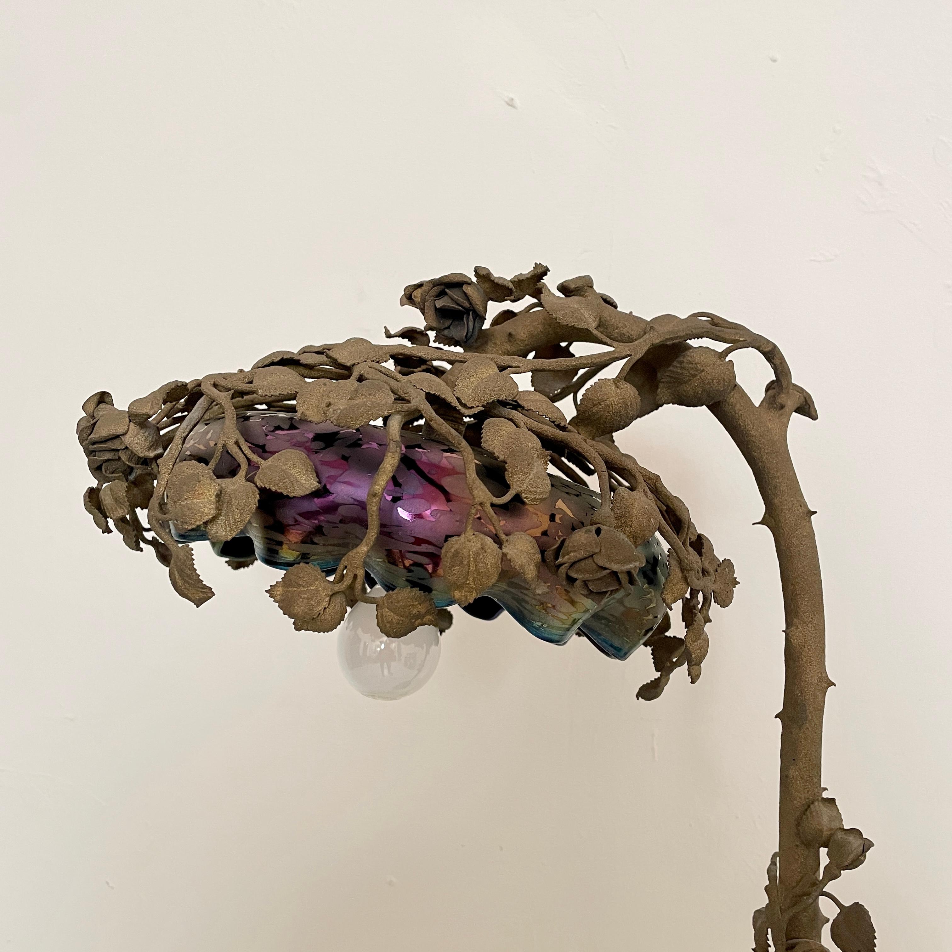 Early 20th Century French Art Nouveau Table Lamp Cast Bronze Rose Tree, Enameled Glass, Around 1910 For Sale