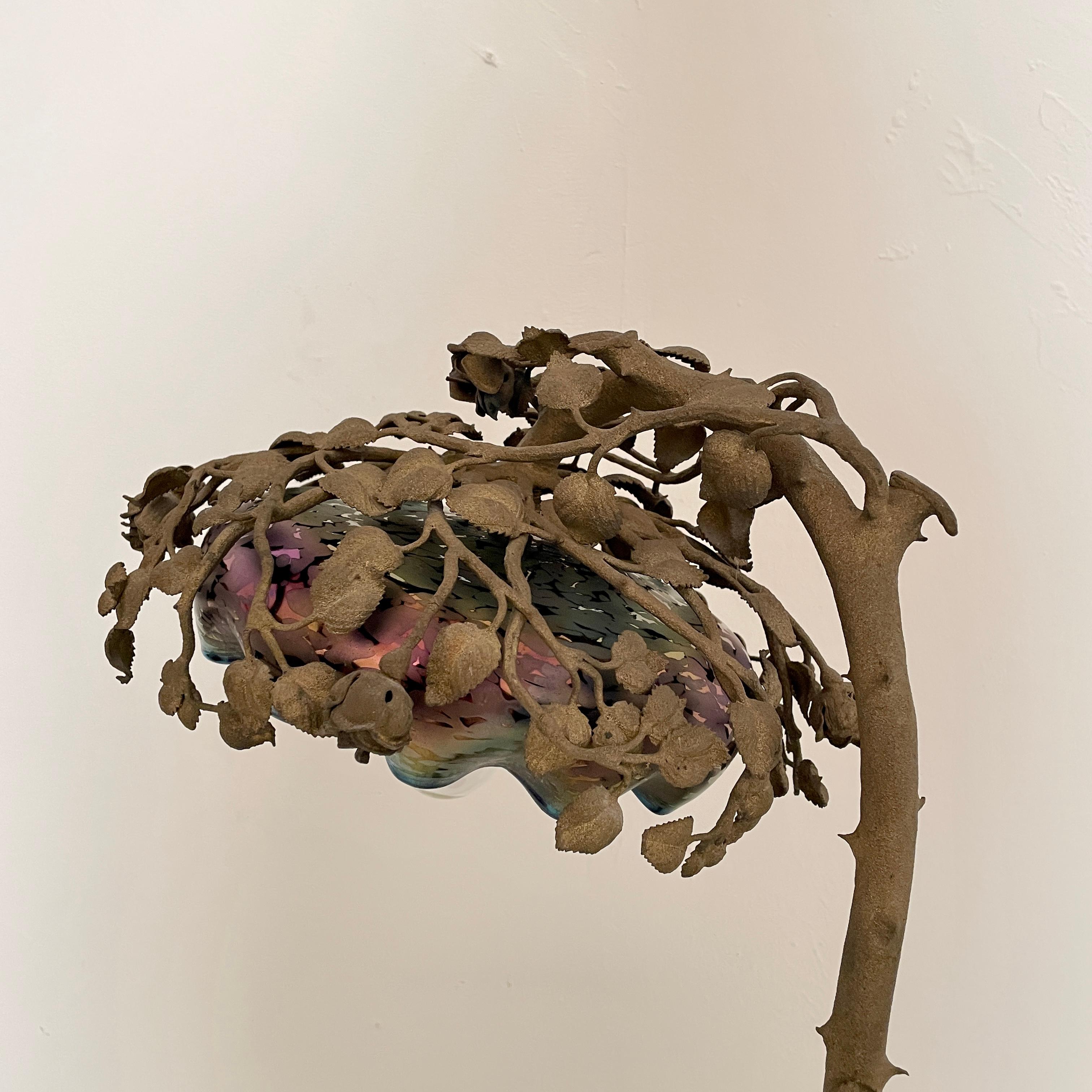 French Art Nouveau Table Lamp Cast Bronze Rose Tree, Enameled Glass, Around 1910 For Sale 3