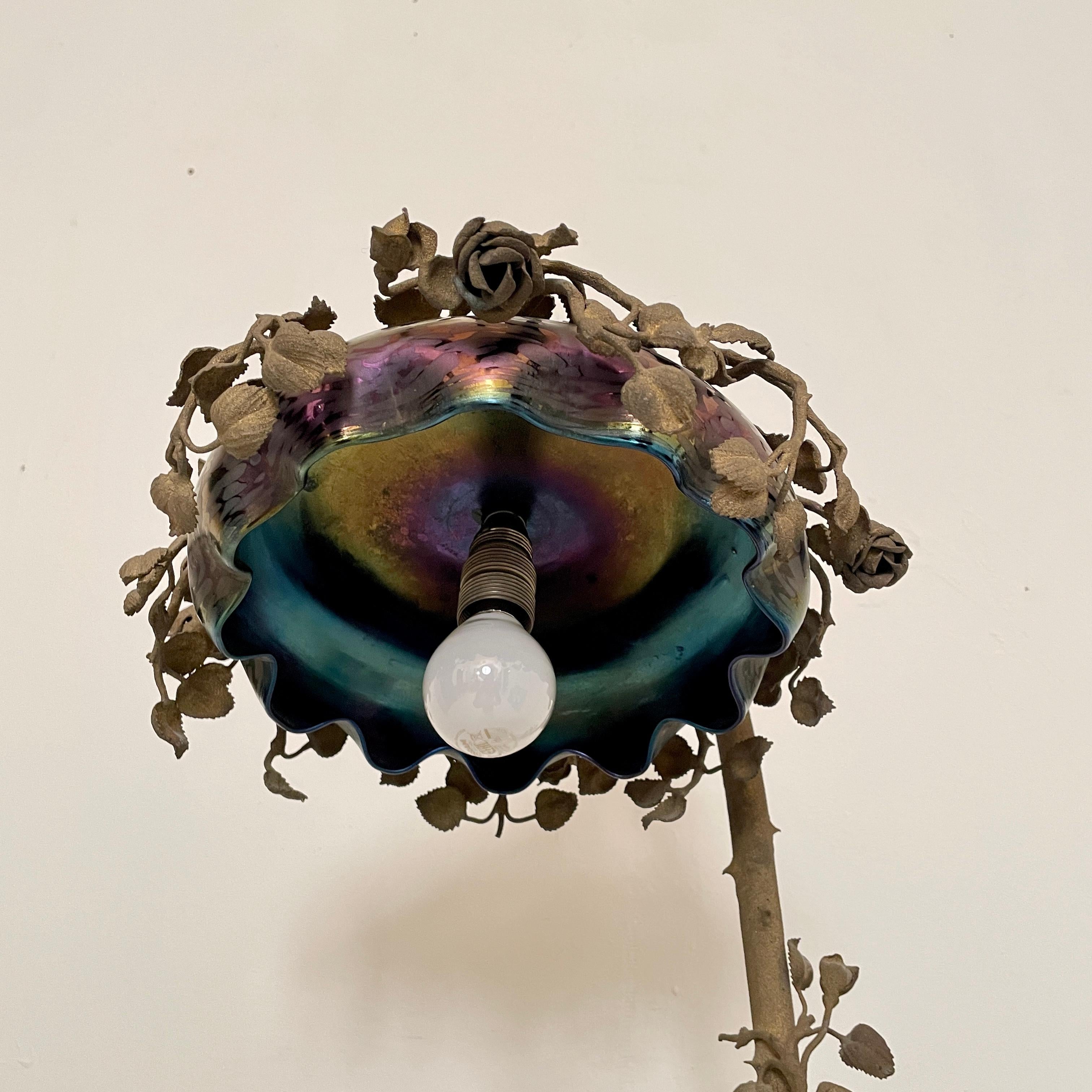 French Art Nouveau Table Lamp Cast Bronze Rose Tree, Enameled Glass, Around 1910 For Sale 4
