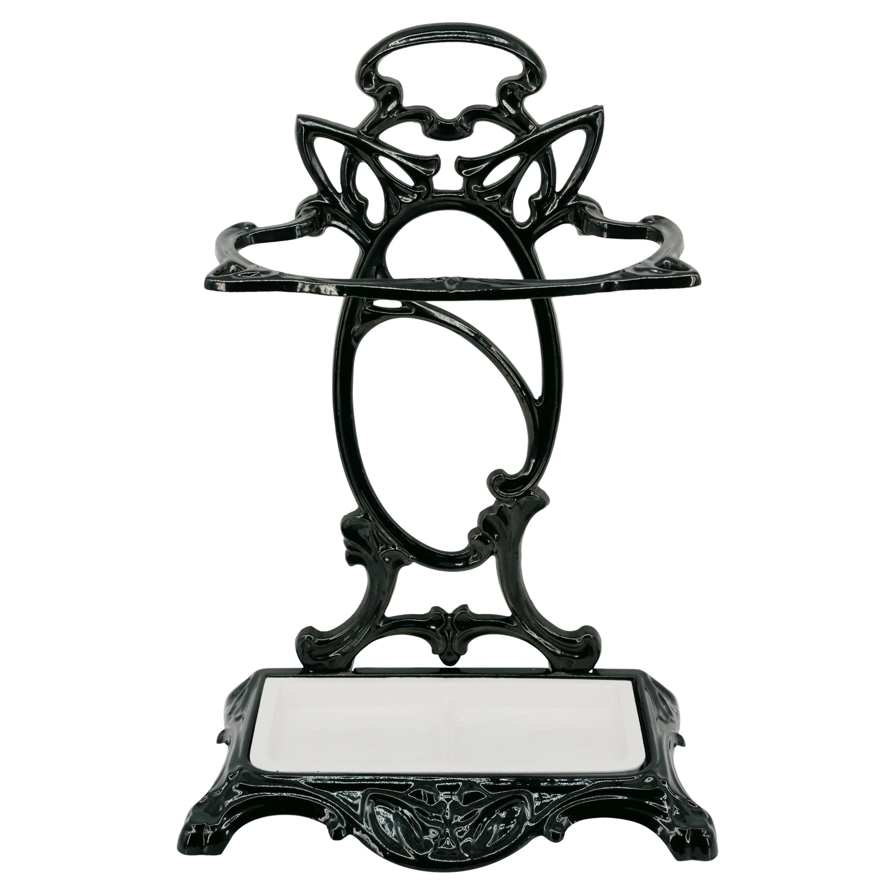 French Art Nouveau Umbrella Stand, Enameled Cast Iron, 1900