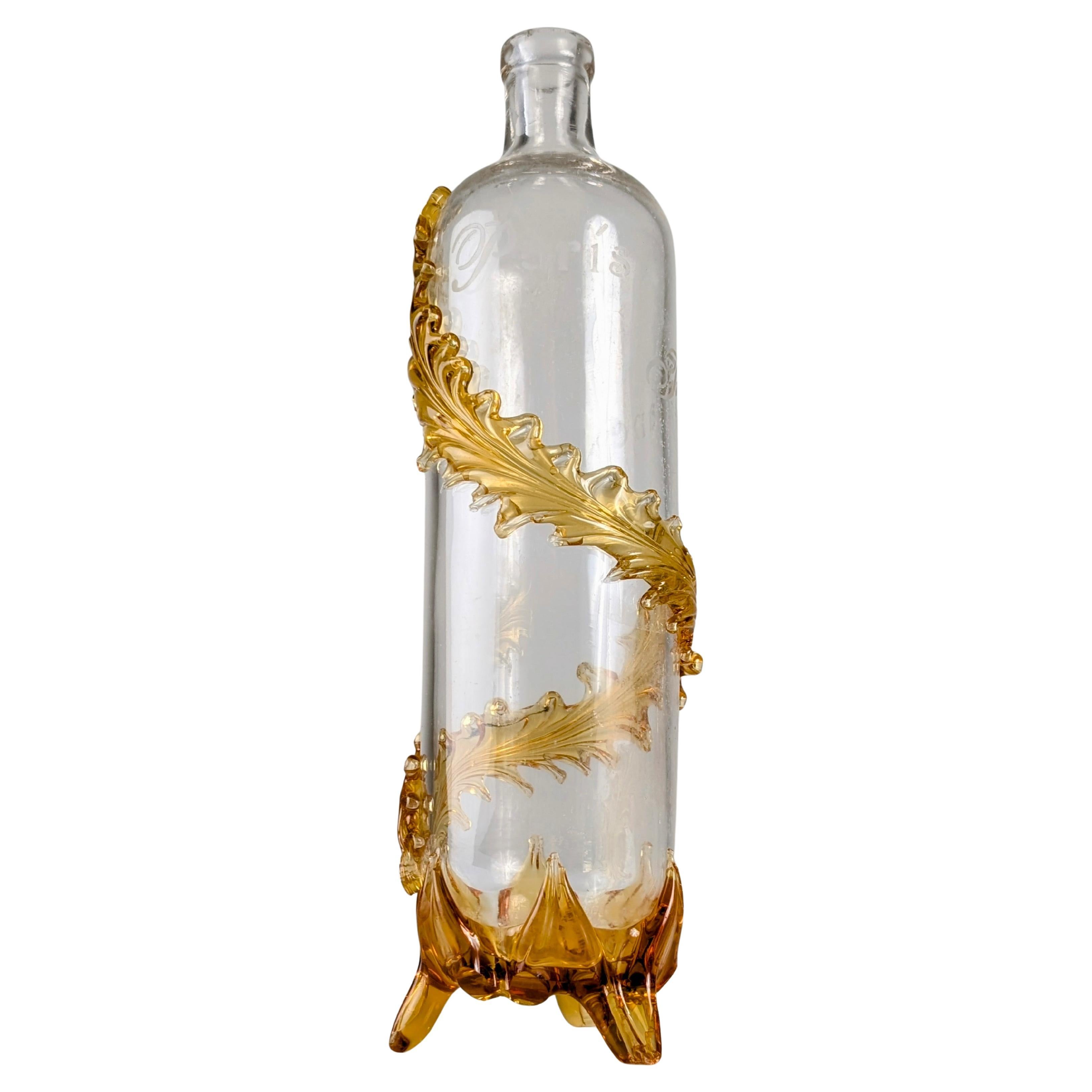 French Art Nouveau Uranium Glass Bottle with Applied Amber Leaves, c. 1900 For Sale