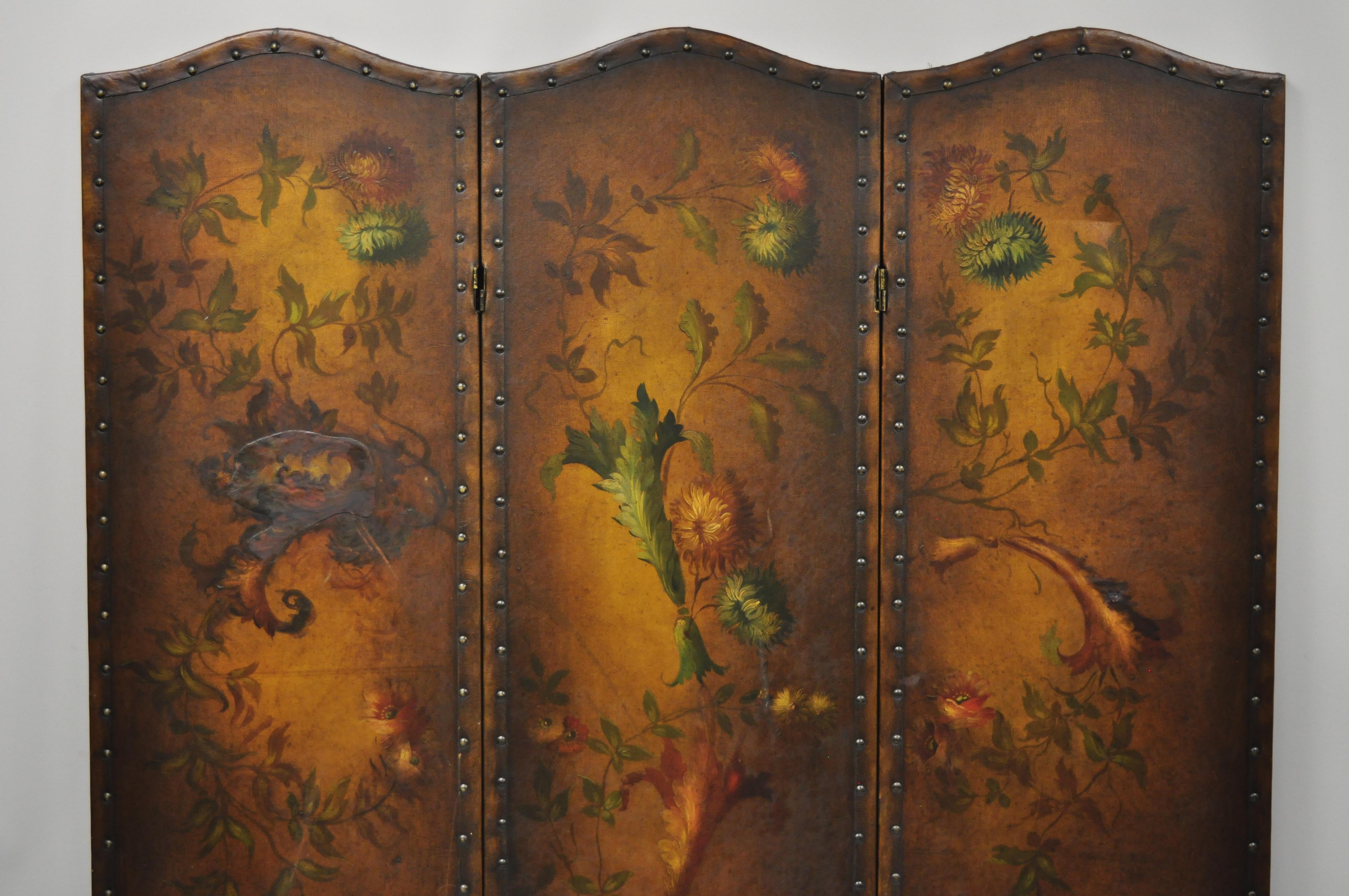 French Art Nouveau Victorian oil on canvas hand painted 3-panel screen room divider. Item features 3 panels, hand painted flowers, folding sections, very nice antique item, circa early 20th century. Measurements: 68.5