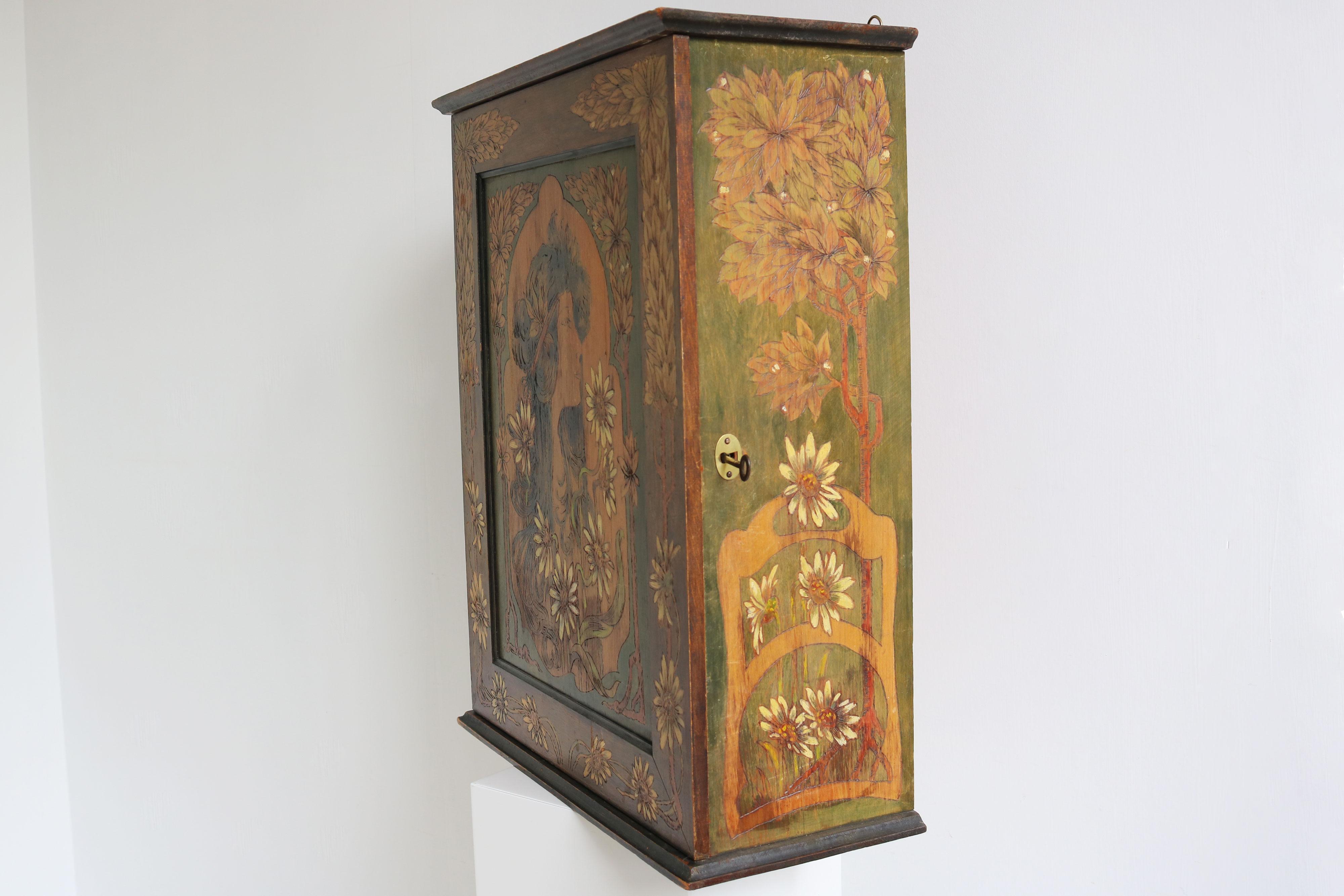 French Art Nouveau Wall / Hanging cabinet attributed to Alphonse mucha 1900 wood For Sale 4