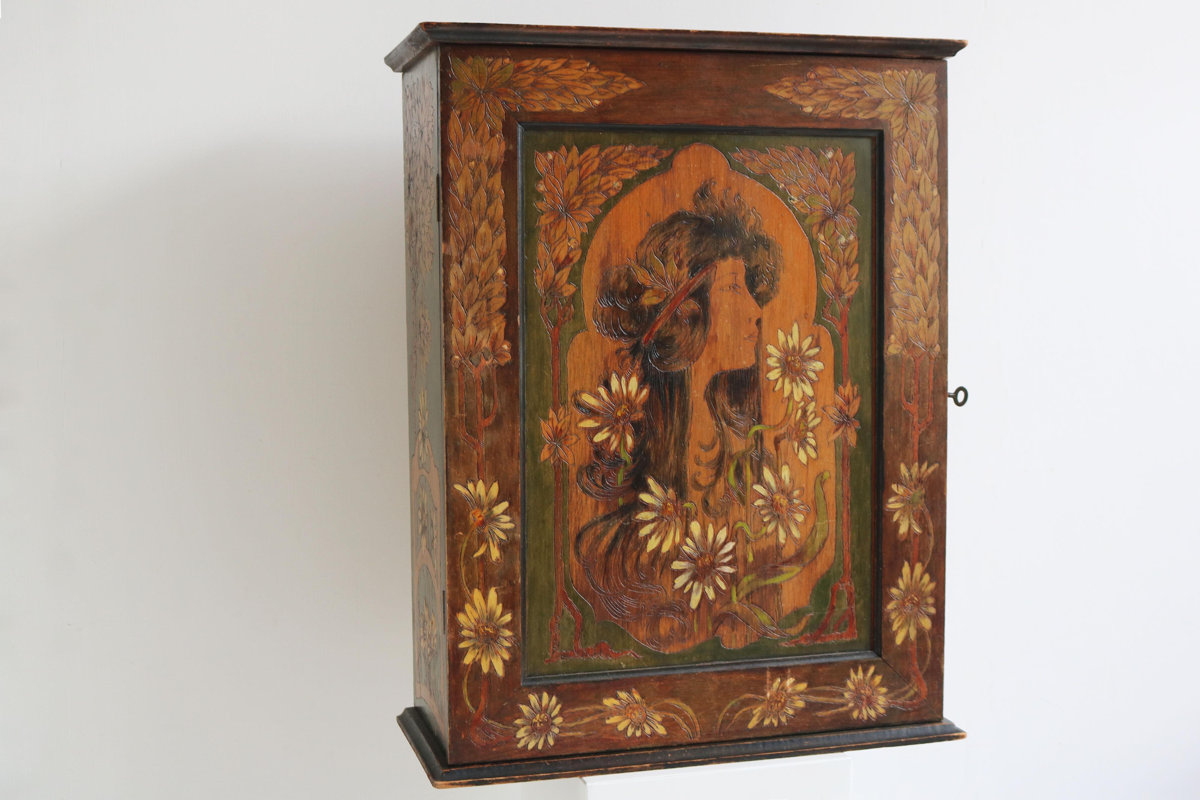 French Art Nouveau Wall / Hanging cabinet attributed to Alphonse mucha 1900 wood For Sale 5