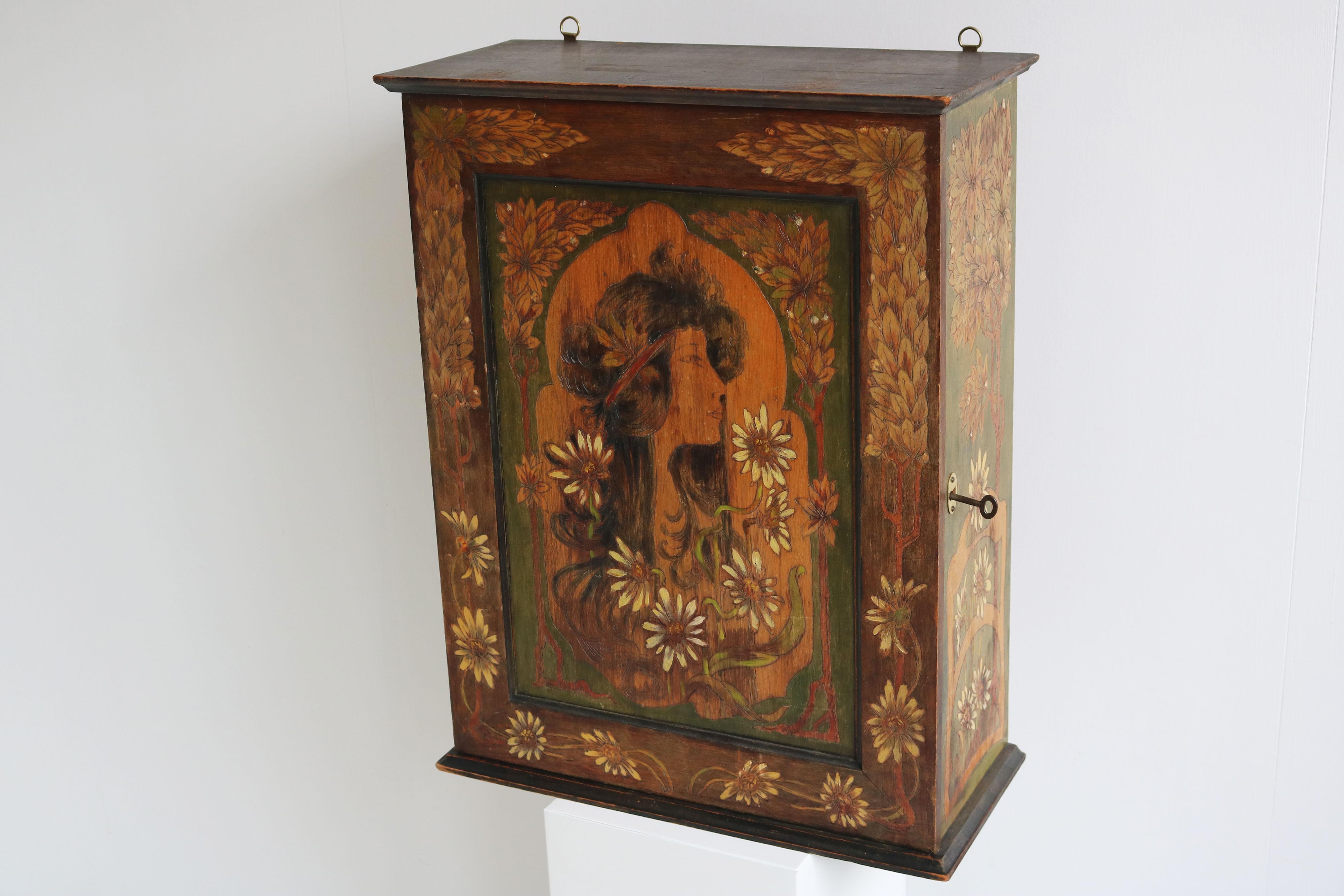 French Art Nouveau Wall / Hanging cabinet attributed to Alphonse mucha 1900 wood For Sale 6