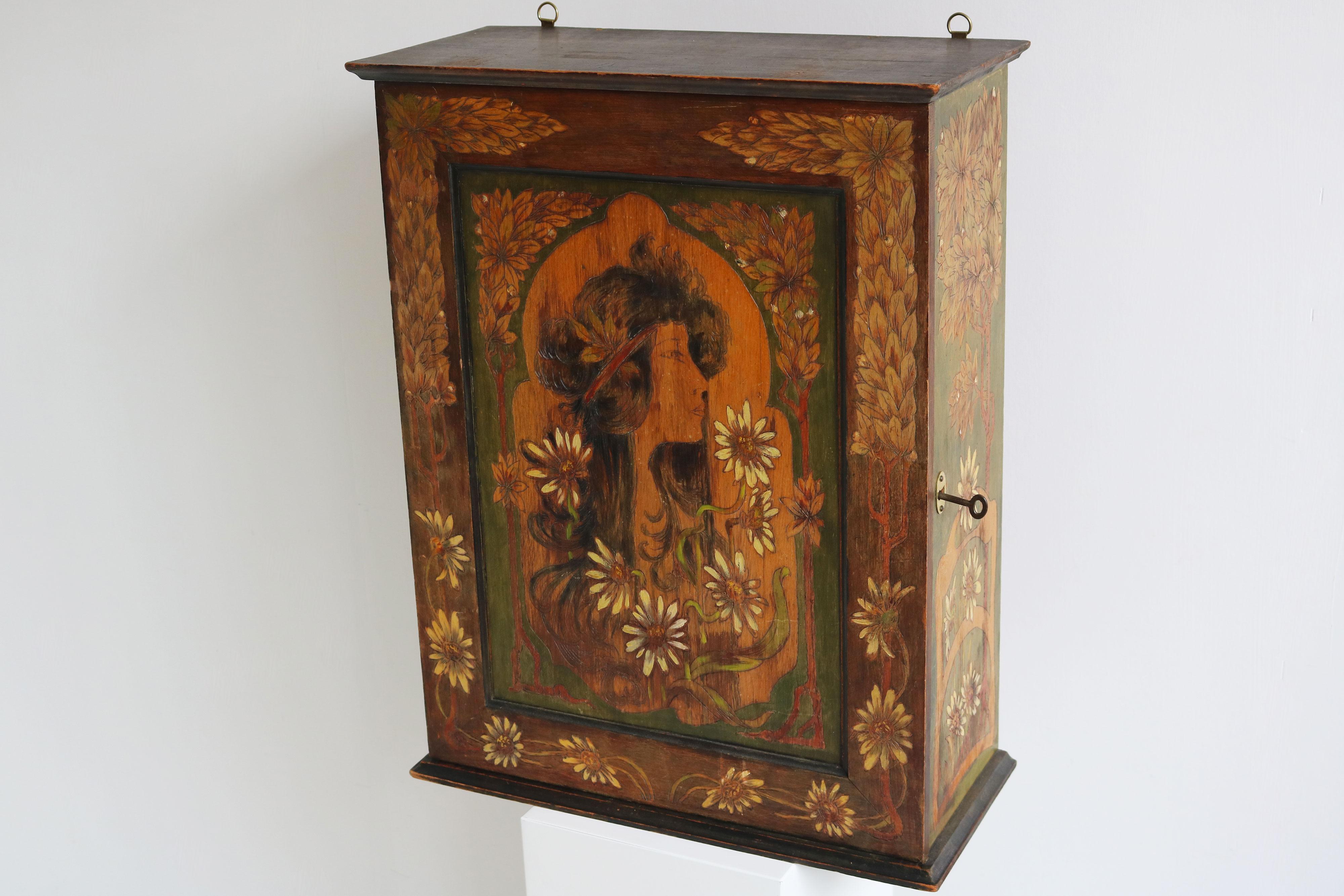 Hand-Carved French Art Nouveau Wall / Hanging cabinet attributed to Alphonse mucha 1900 wood For Sale
