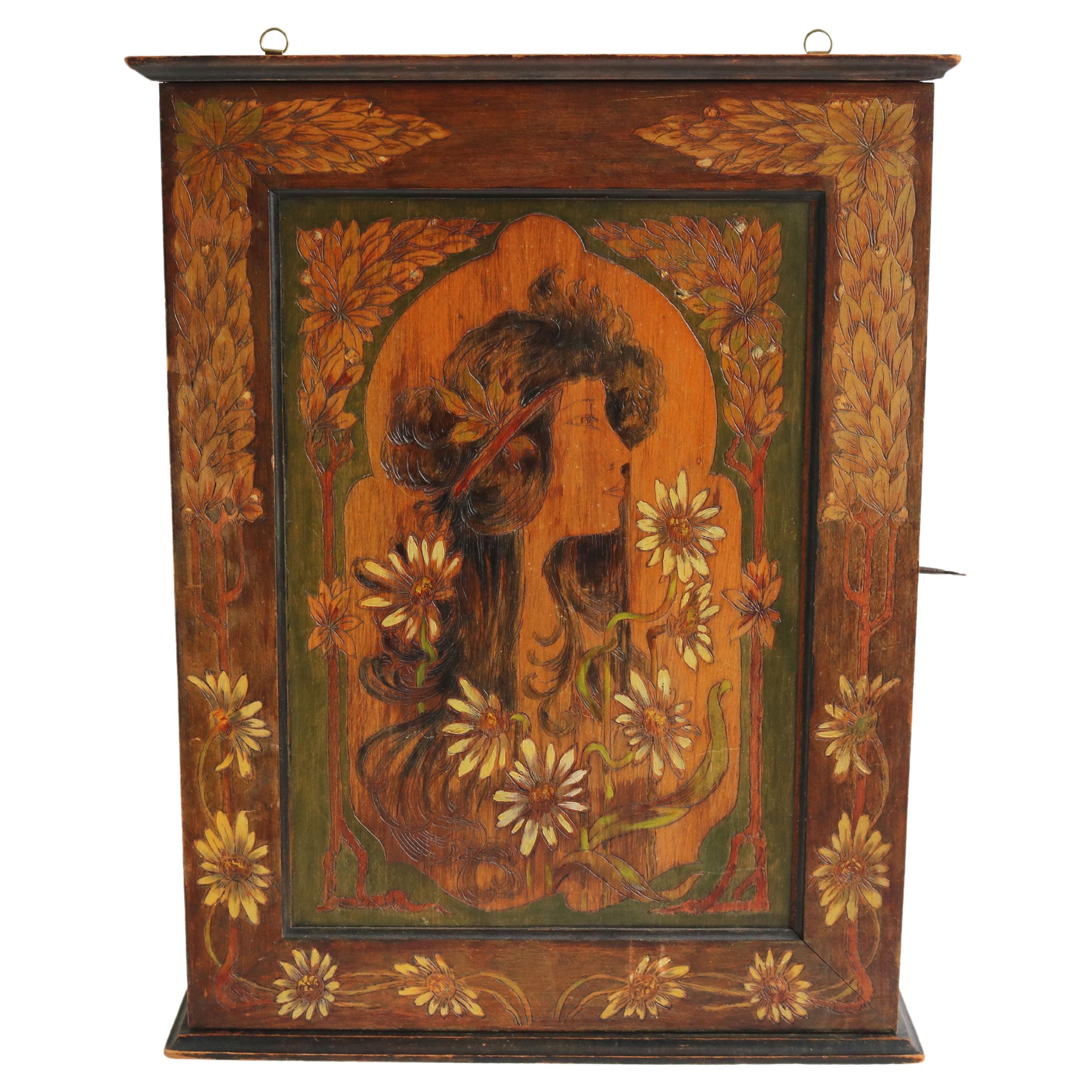 French Art Nouveau Wall / Hanging cabinet attributed to Alphonse mucha 1900 wood For Sale