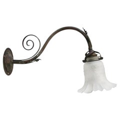 French Art Nouveau Wall Lamp, Brass & Frosted Glass, Early 1900s