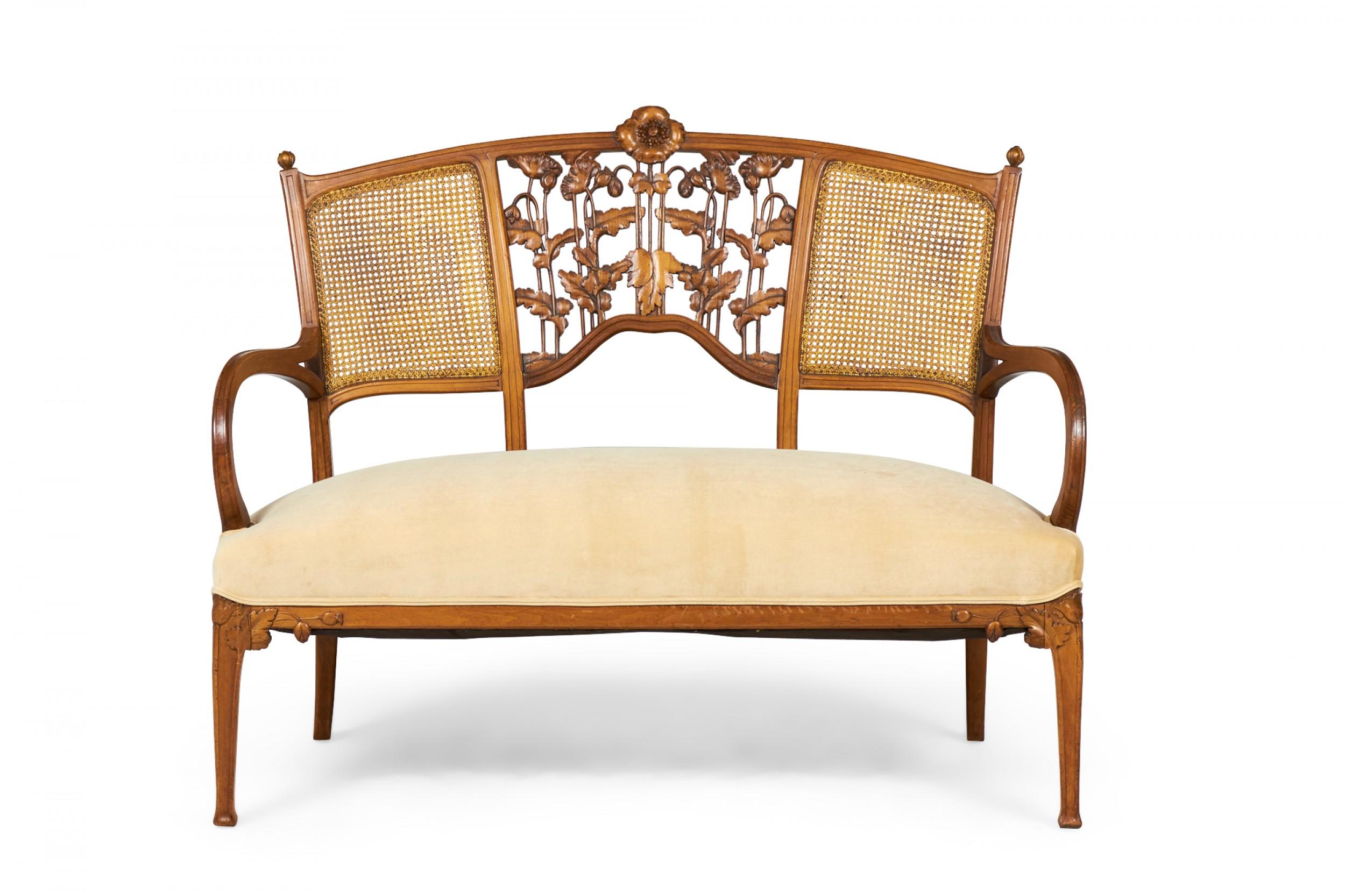 Set of 5 French Art Nouveau walnut living room / salon set with floral filigree back & gold upholstery (Settee: 49