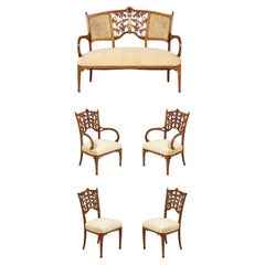 Antique French Art Nouveau Walnut 5-Piece Living Room Set with Floral Filigree