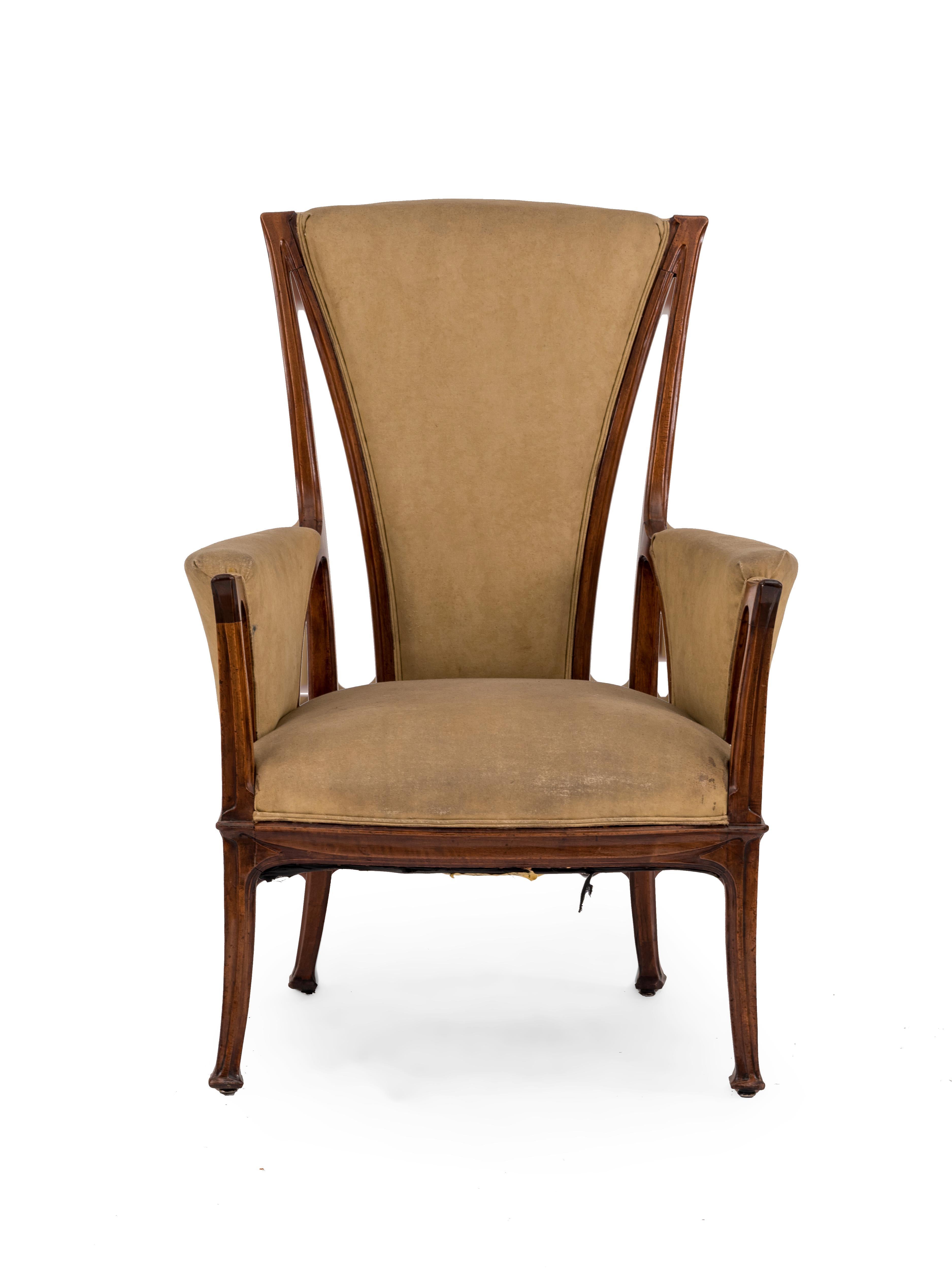 French Art Nouveau walnut high back bergere arm chair with brown velvet upholstery
