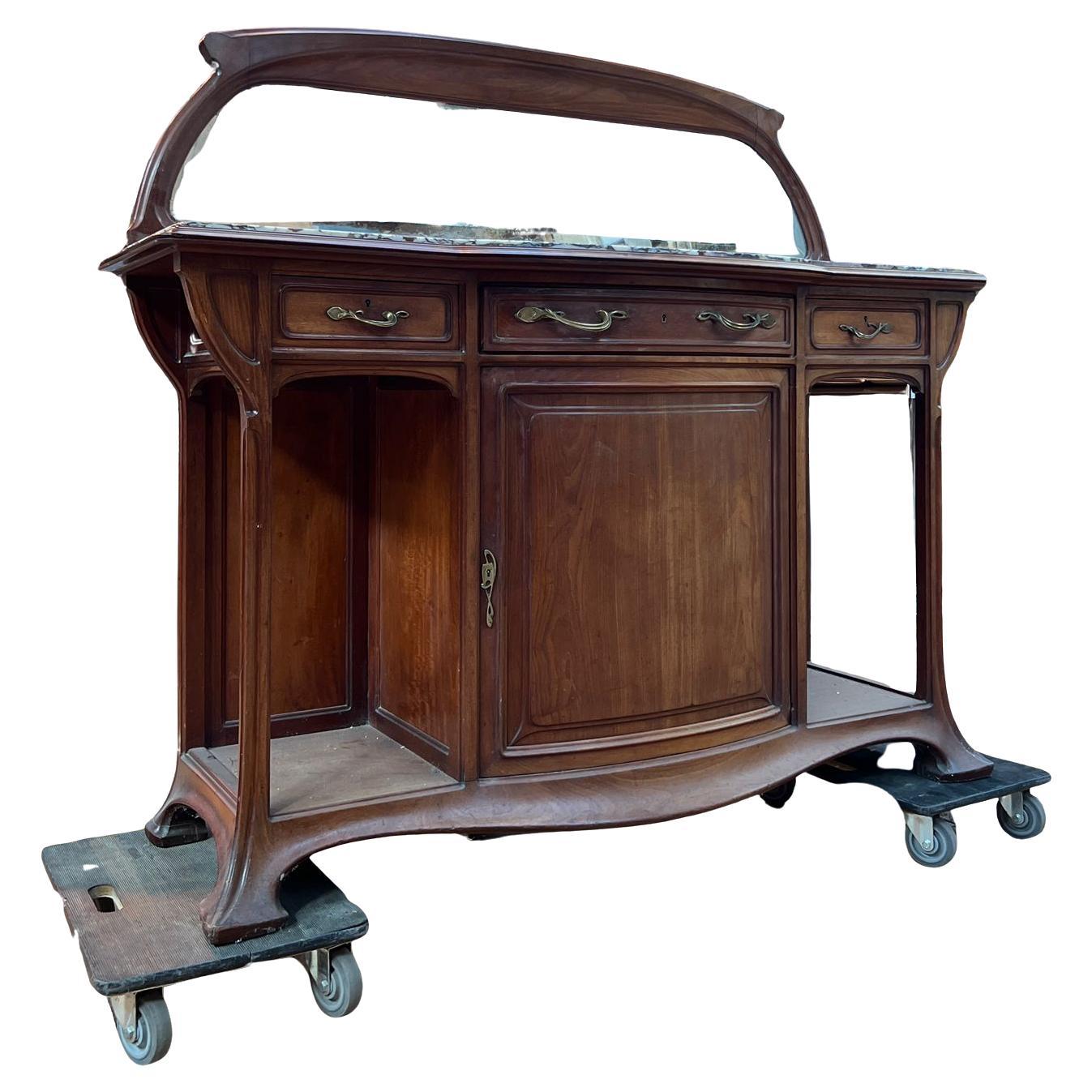 French Art Nouveau Walnut Sideboard with Marble Top and Mirror, circa 1900 For Sale