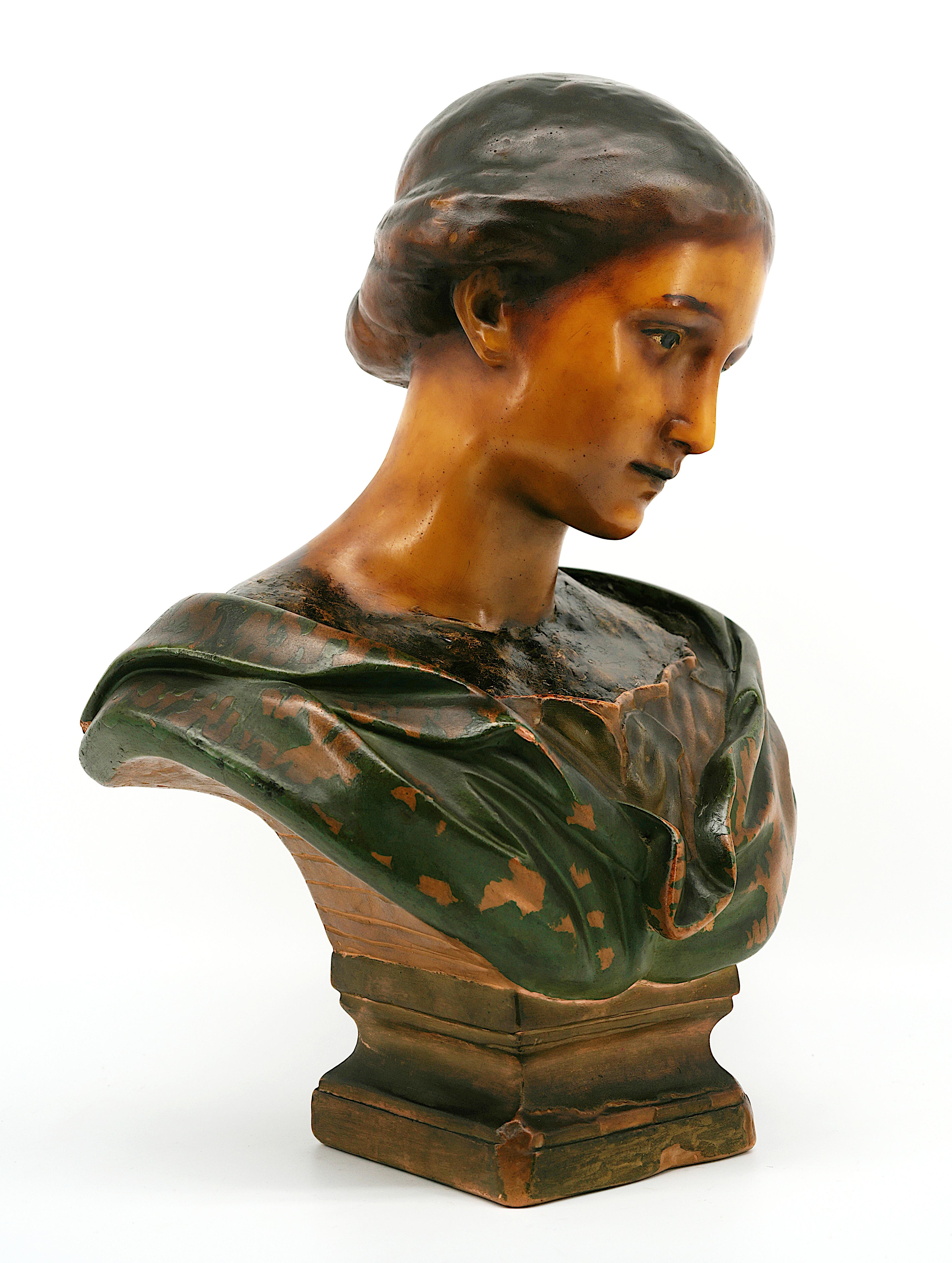 Early 20th Century French Art Nouveau Wax Young Girl Bust Sculpture, ca.1900 For Sale