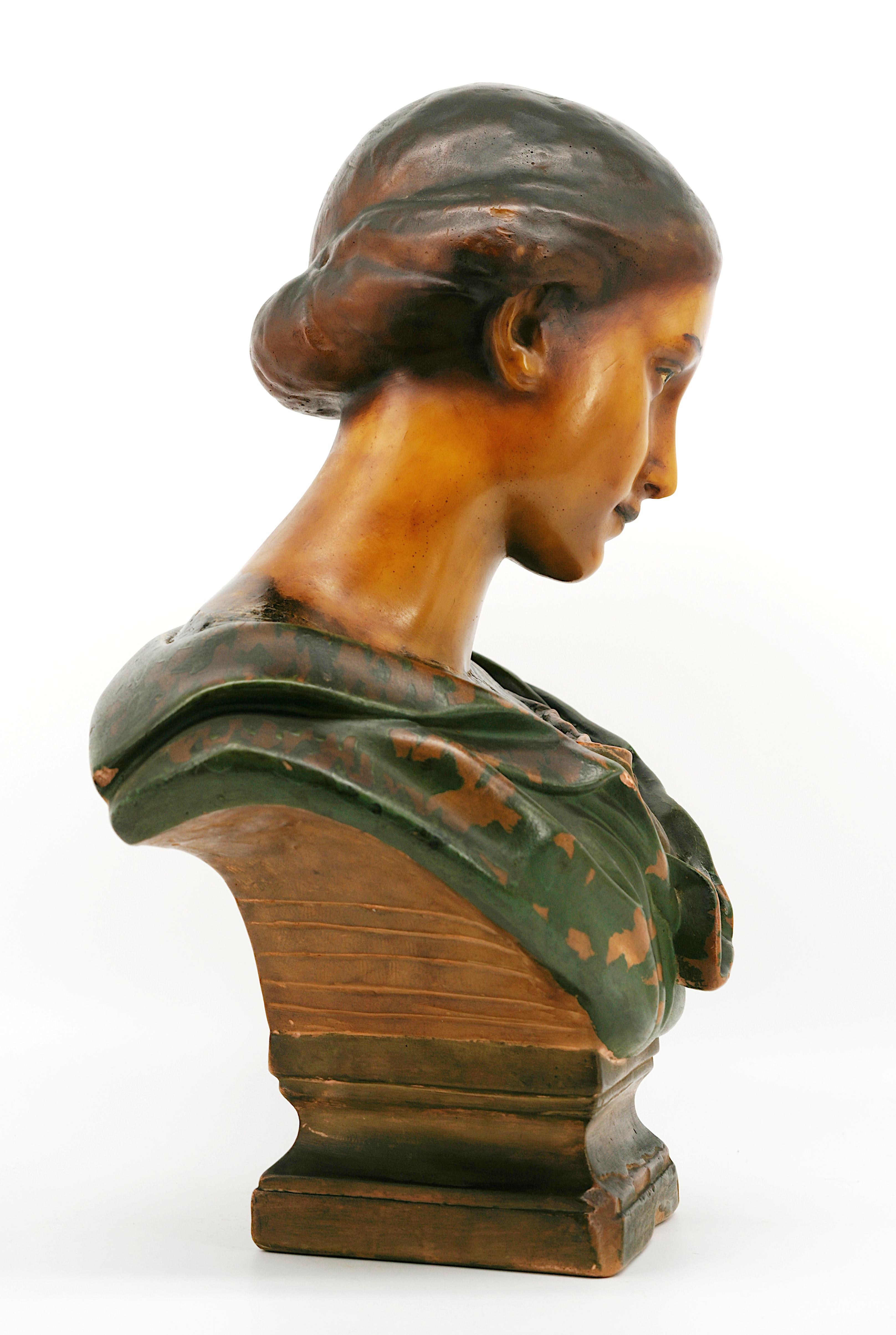 Synthetic French Art Nouveau Wax Young Girl Bust Sculpture, ca.1900 For Sale