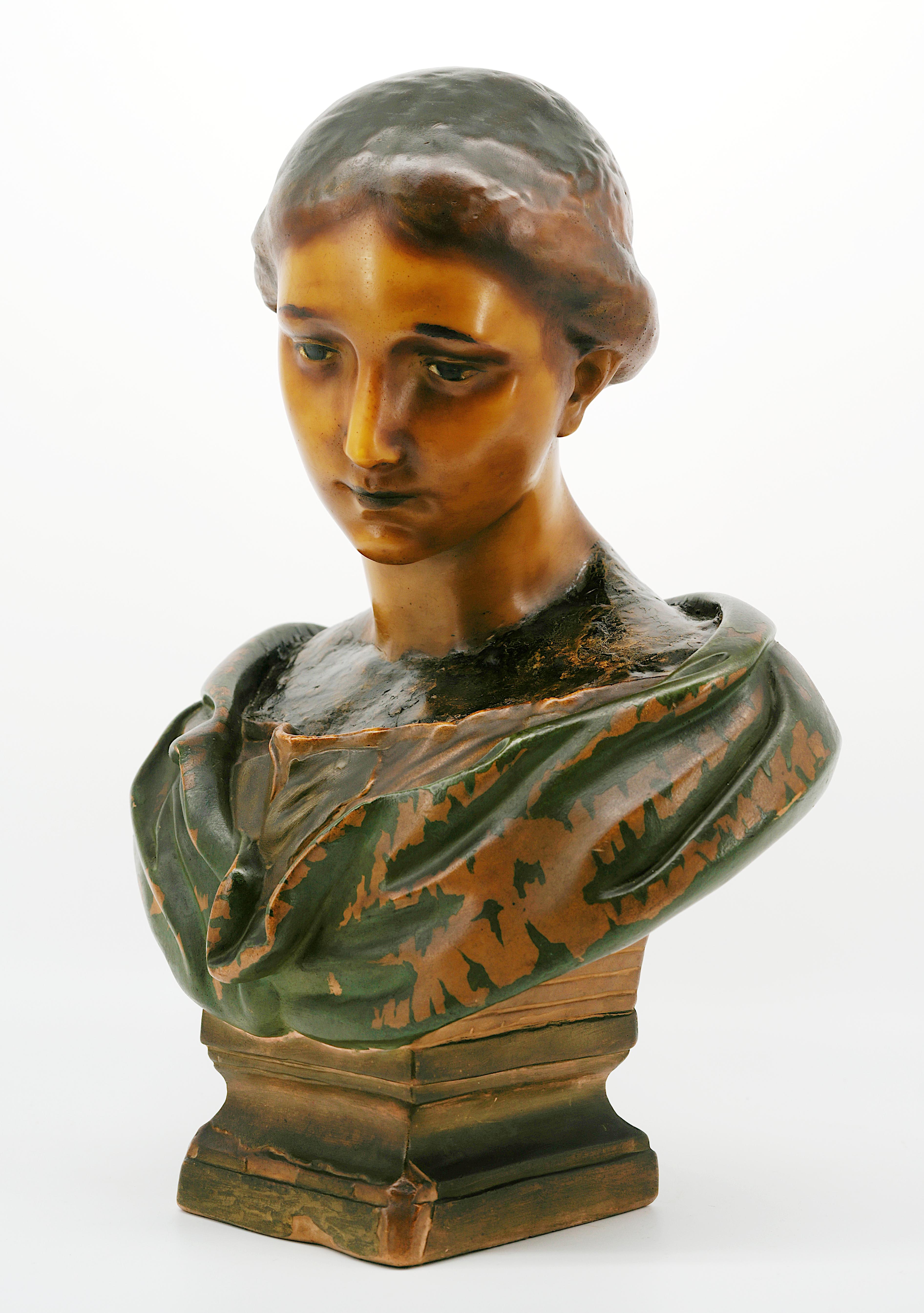 Buste de jeune fille en cire Art nouveau français, vers 1900 en vente 1