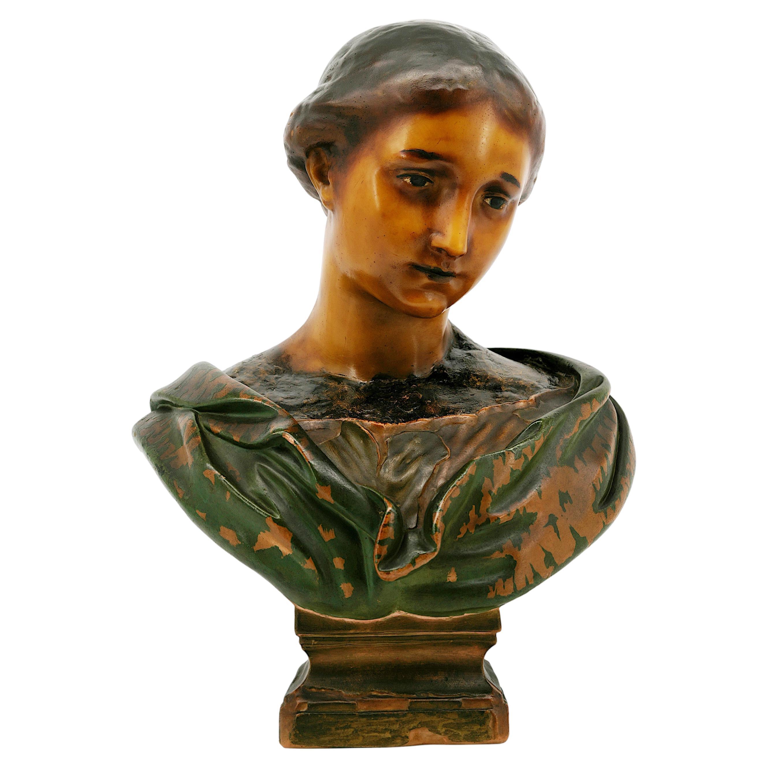 French Art Nouveau Wax Young Girl Bust Sculpture, ca.1900 For Sale