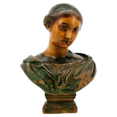 Antique French Art Nouveau Wax Young Girl Bust Sculpture, ca.1900