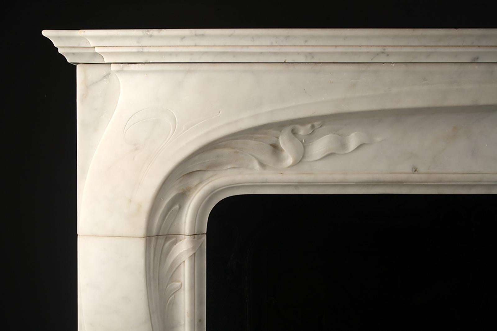 Hand-Carved French Art Nouveau White Carrara Marble Mantelpiece For Sale