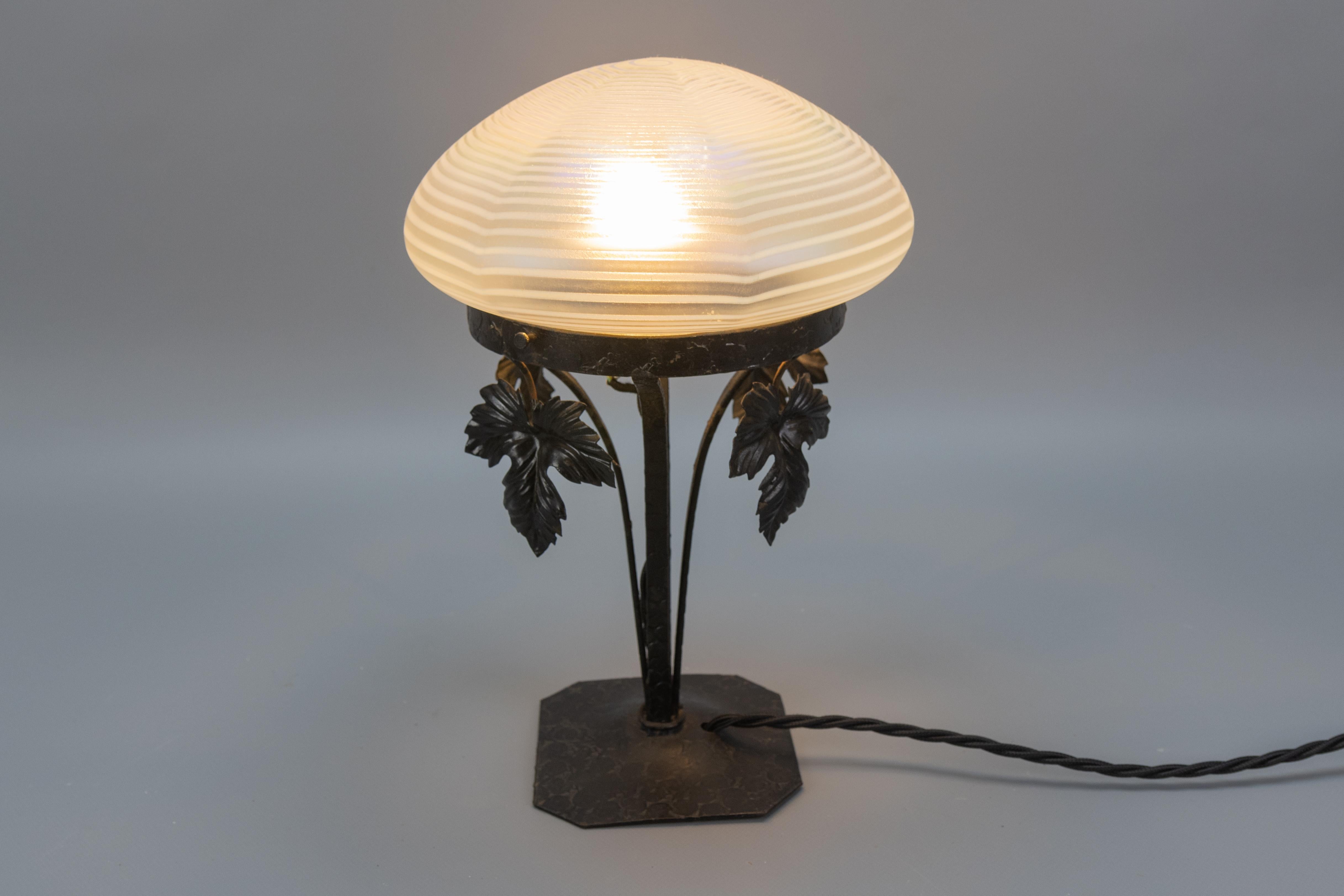 Frosted French Art Nouveau White Iridescent Glass and Wrought Iron Table Lamp, 1920s For Sale