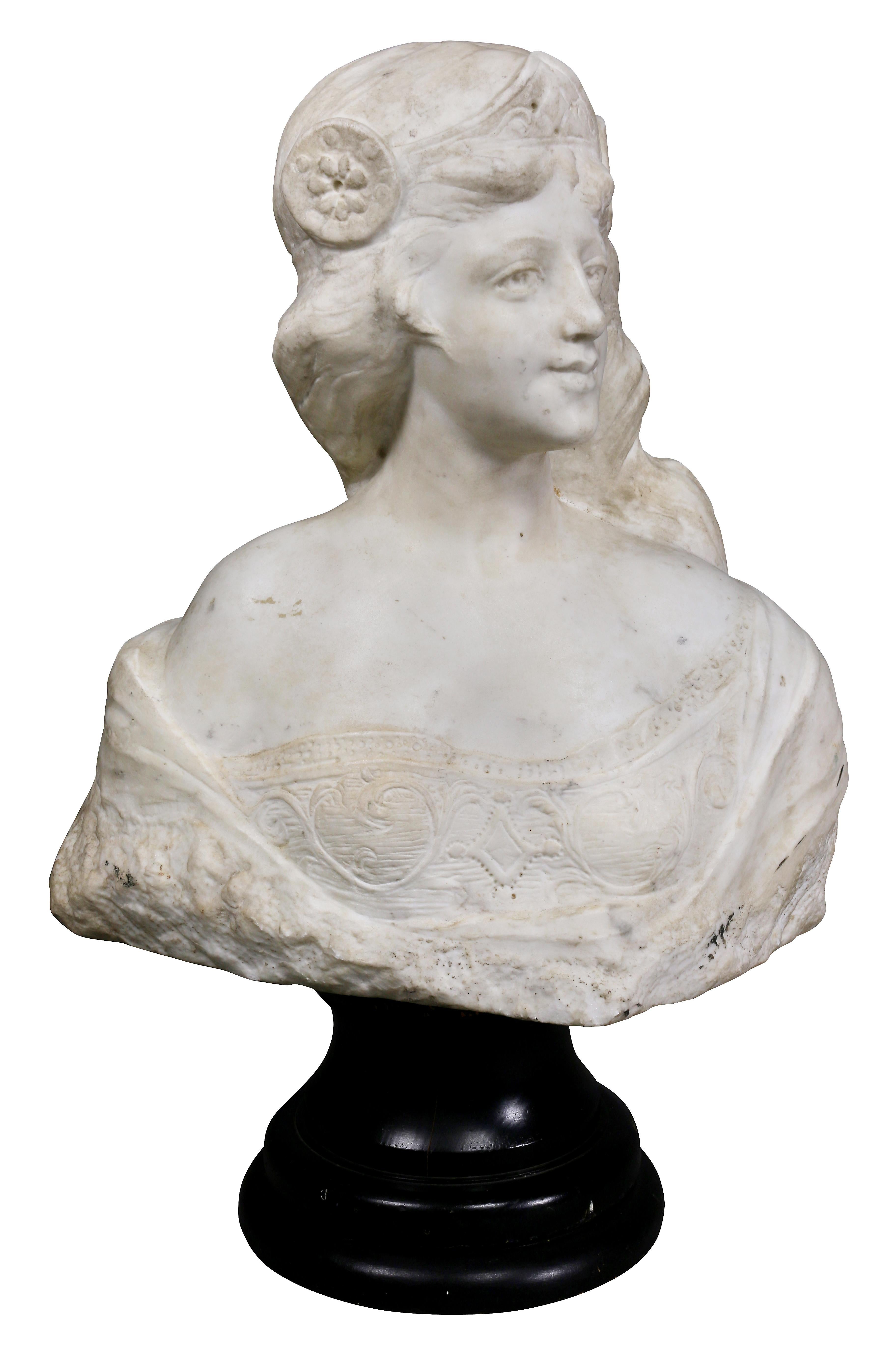 19th Century French Art Nouveau White Marble Bust of a Woman For Sale