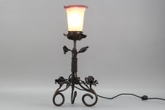 French Art Nouveau Wrought Iron and Pâte de Verre Glass Table Lamp with Roses