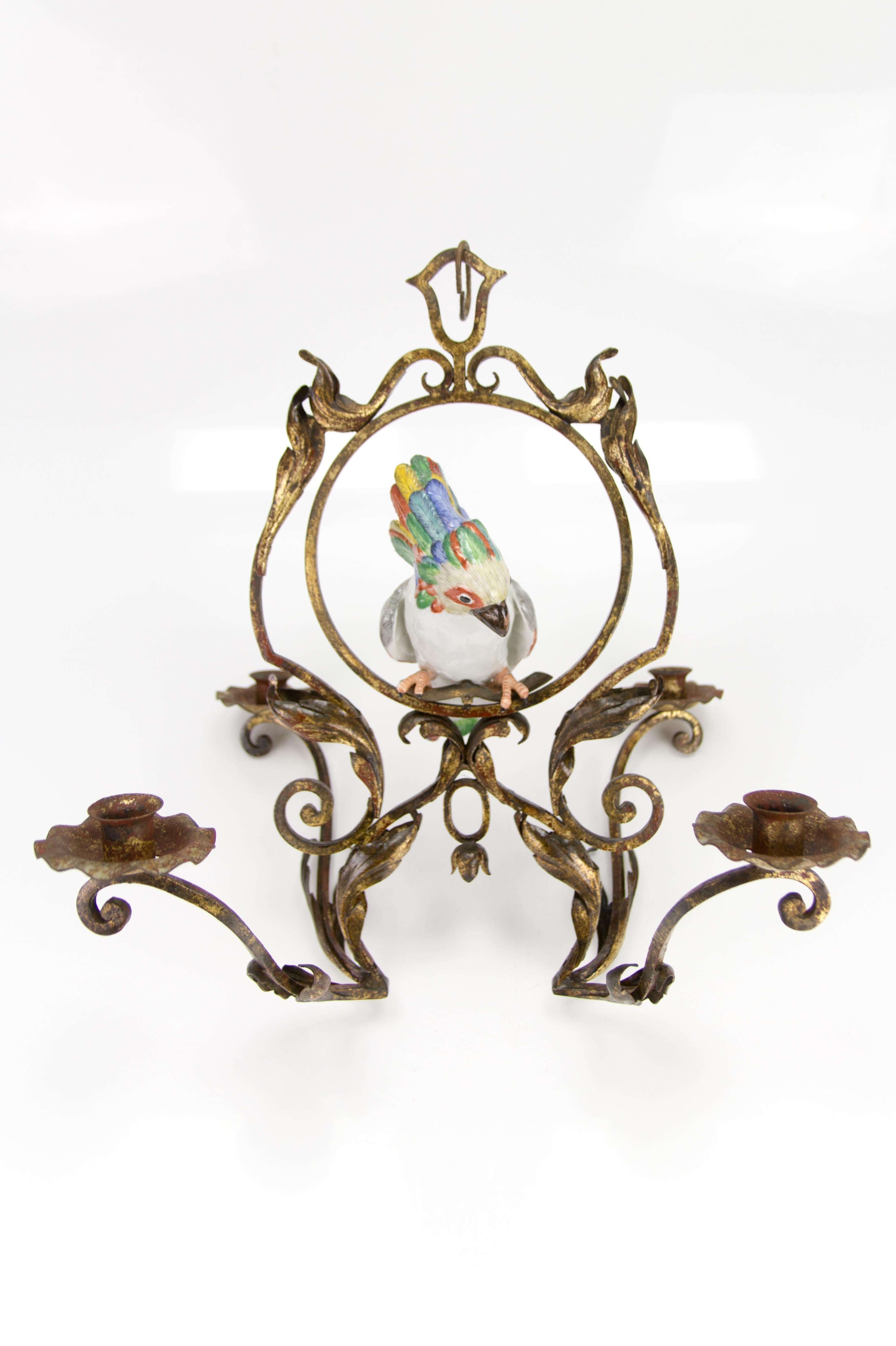 French Art Nouveau Wrought Iron and Porcelain Parrot Figurine Candle Chandelier 11