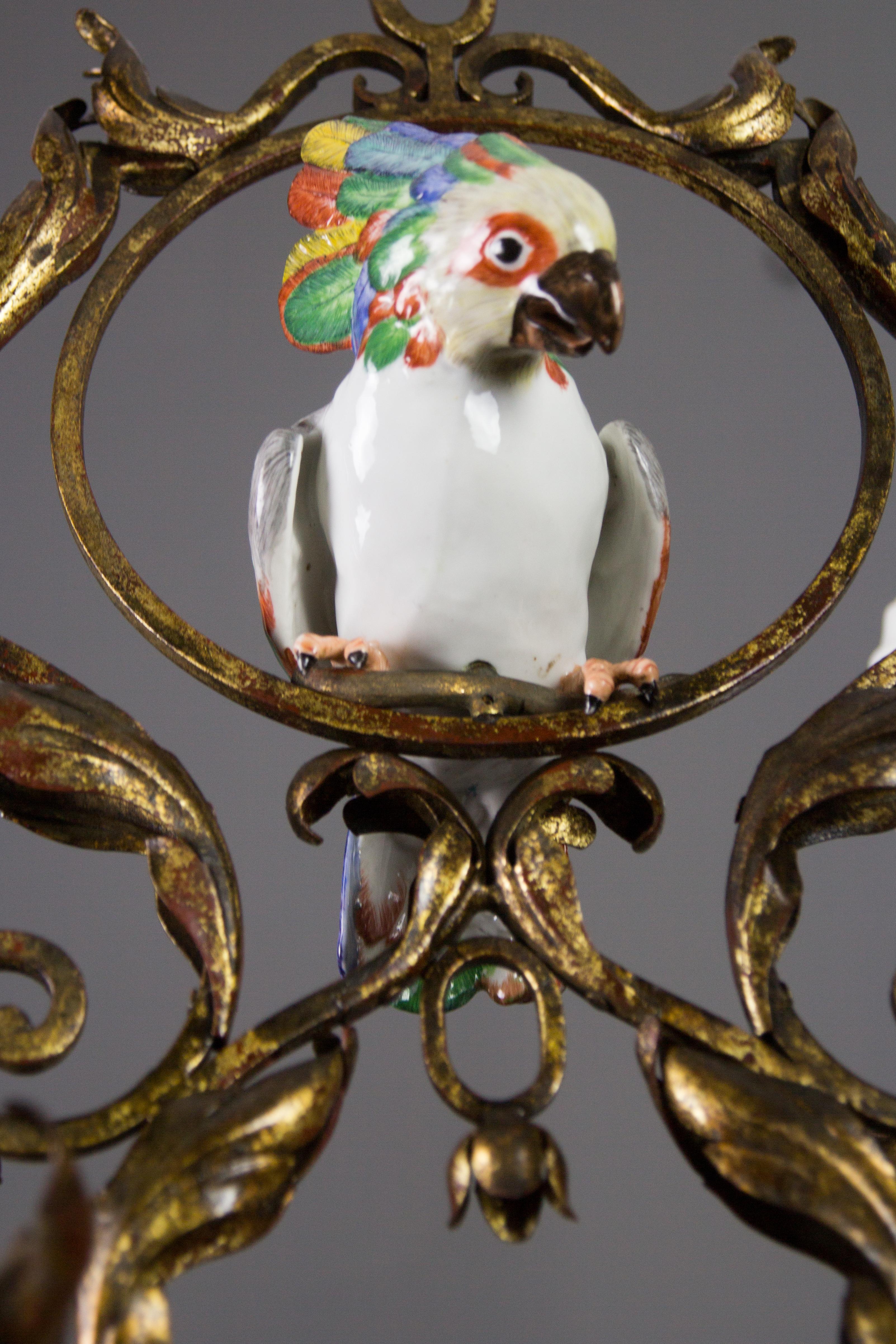 French Art Nouveau Wrought Iron and Porcelain Parrot Figurine Candle Chandelier 16