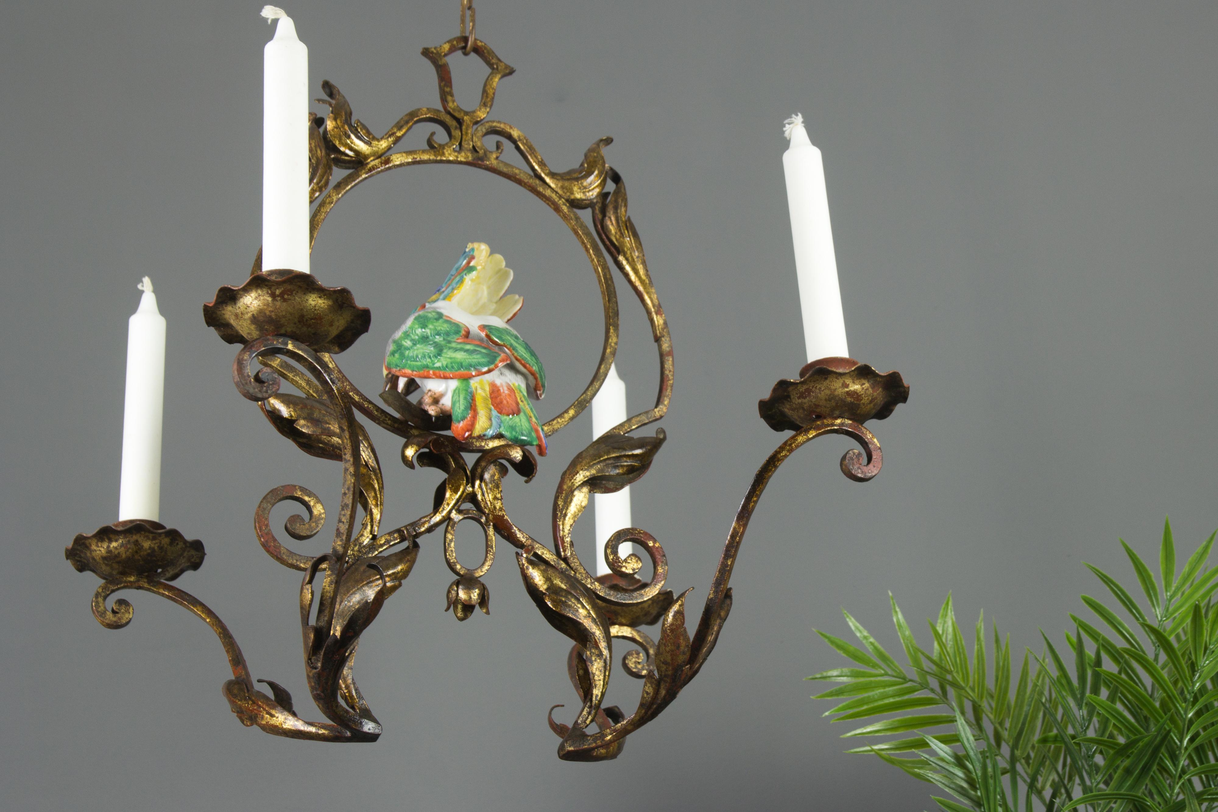French Art Nouveau Wrought Iron and Porcelain Parrot Figurine Candle Chandelier In Good Condition In Barntrup, DE