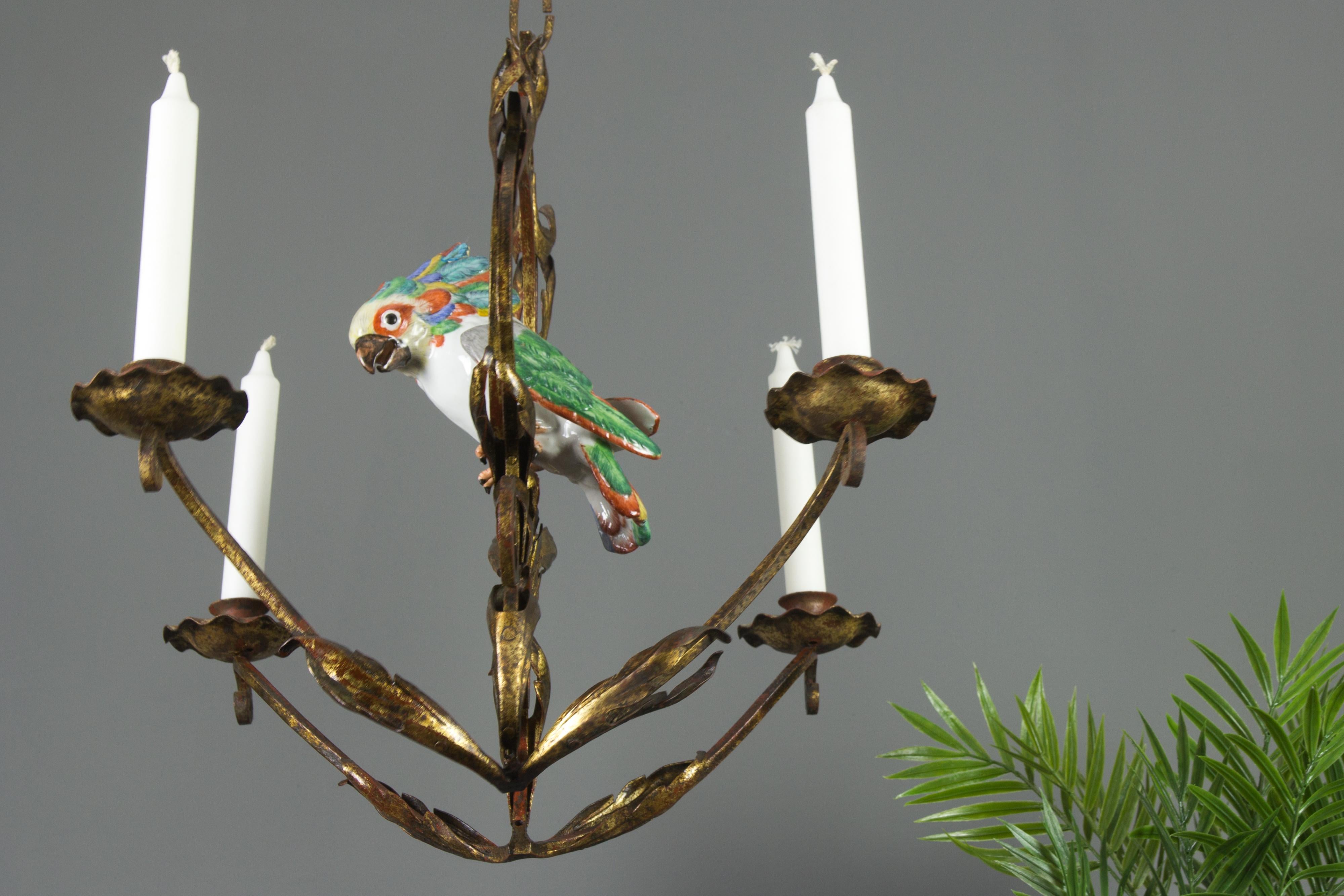 Early 20th Century French Art Nouveau Wrought Iron and Porcelain Parrot Figurine Candle Chandelier