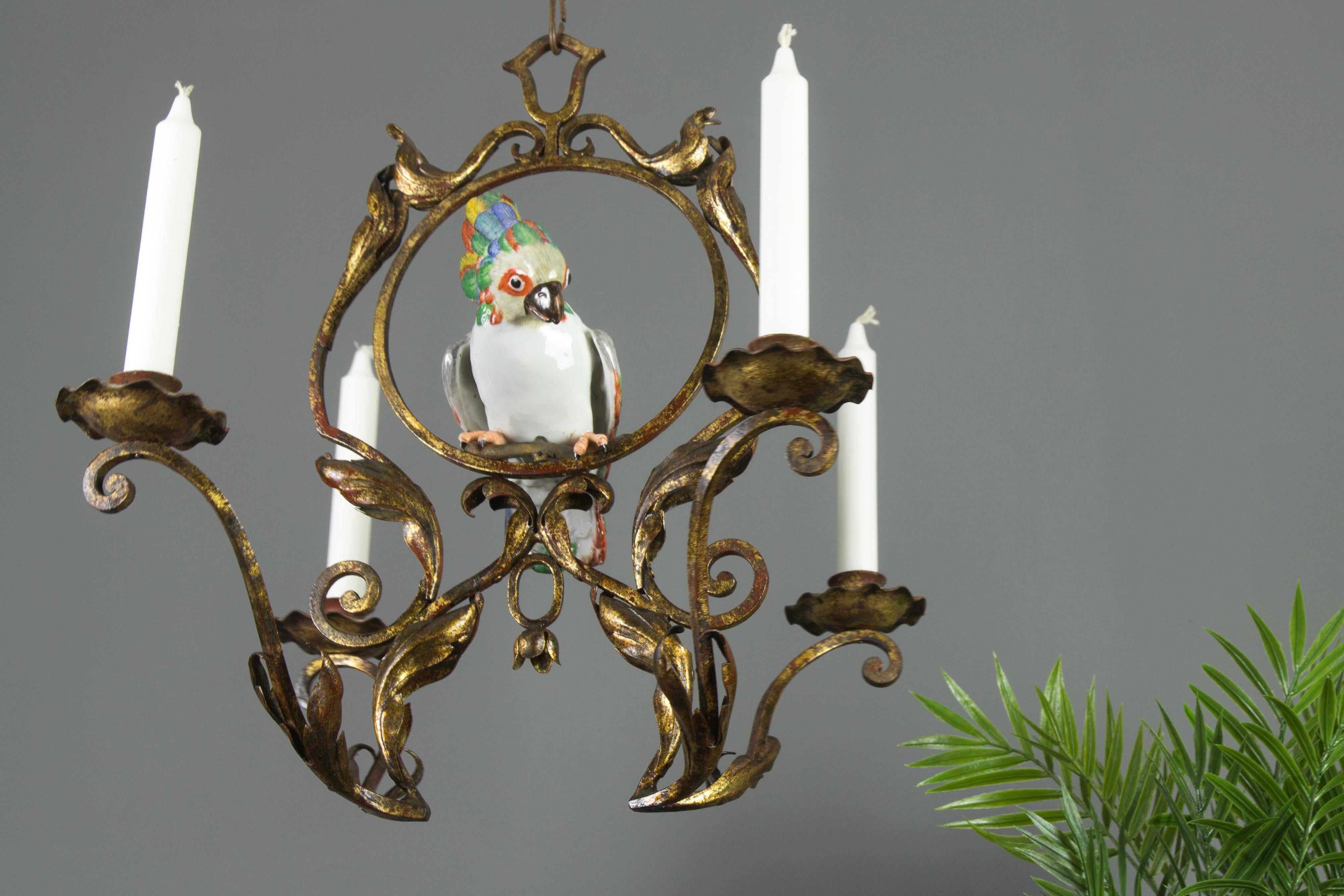 French Art Nouveau Wrought Iron and Porcelain Parrot Figurine Candle Chandelier 1