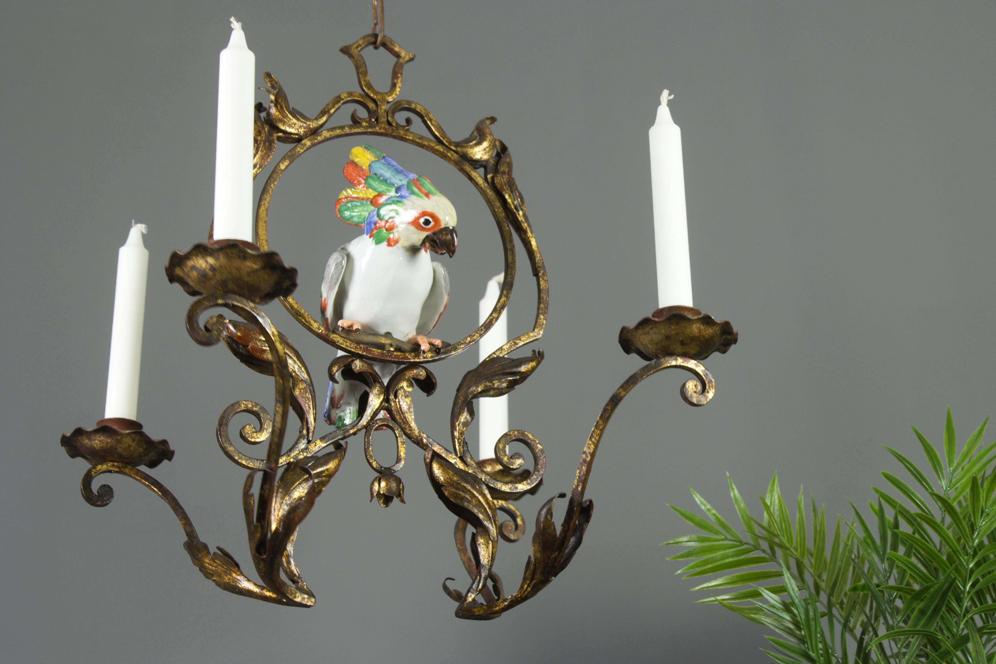 French Art Nouveau Wrought Iron and Porcelain Parrot Figurine Candle Chandelier 2