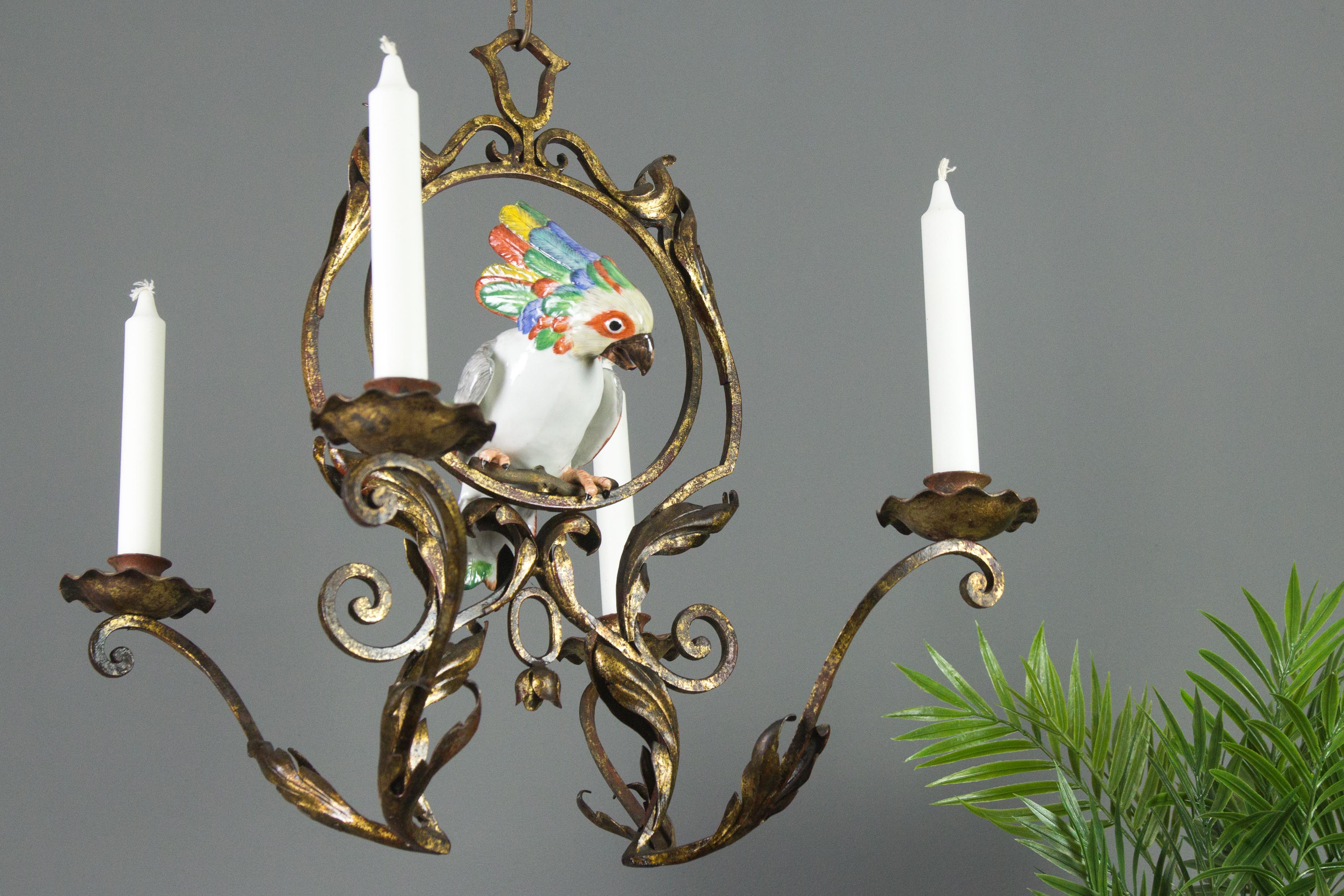 French Art Nouveau Wrought Iron and Porcelain Parrot Figurine Candle Chandelier 3