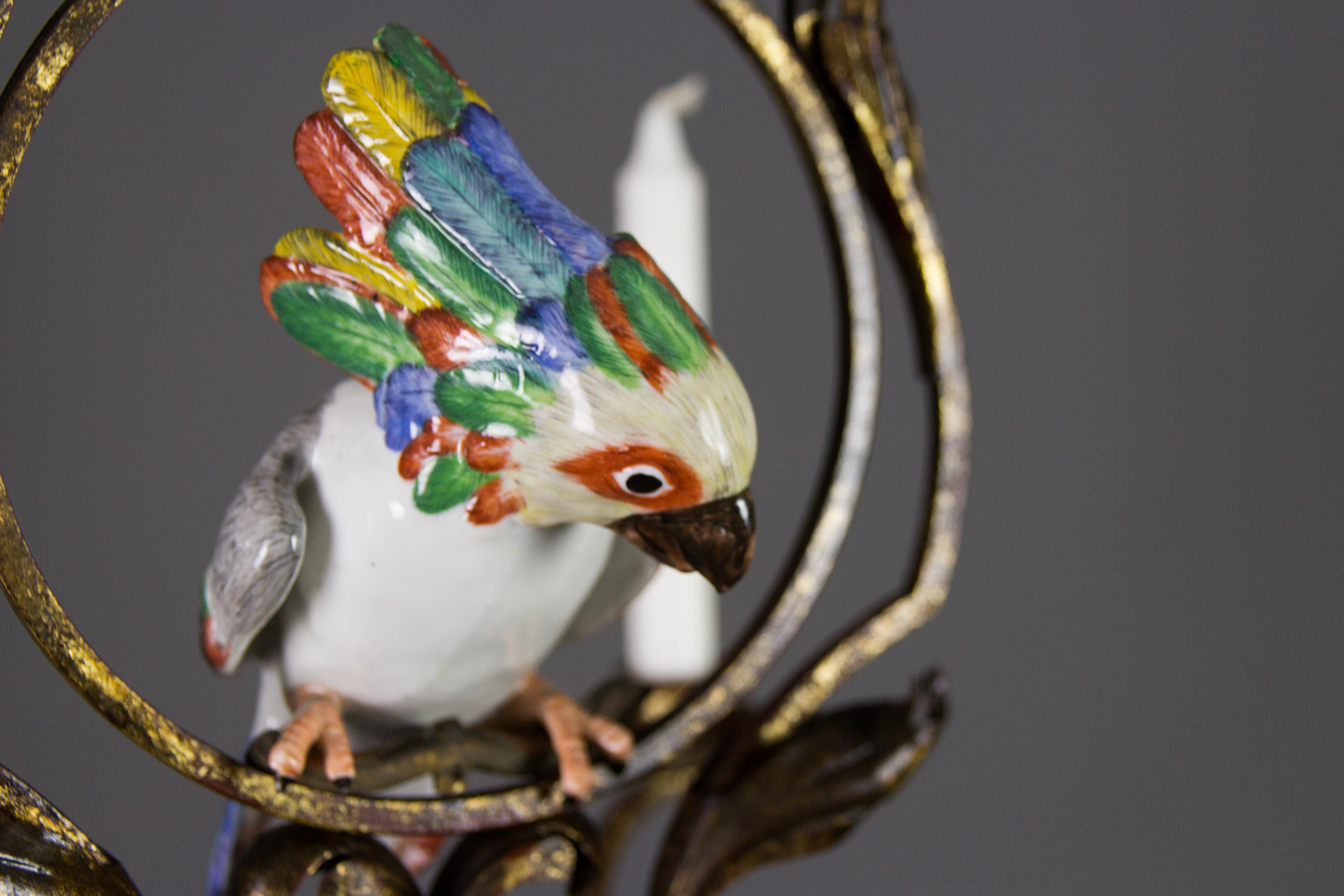 French Art Nouveau Wrought Iron and Porcelain Parrot Figurine Candle Chandelier 4