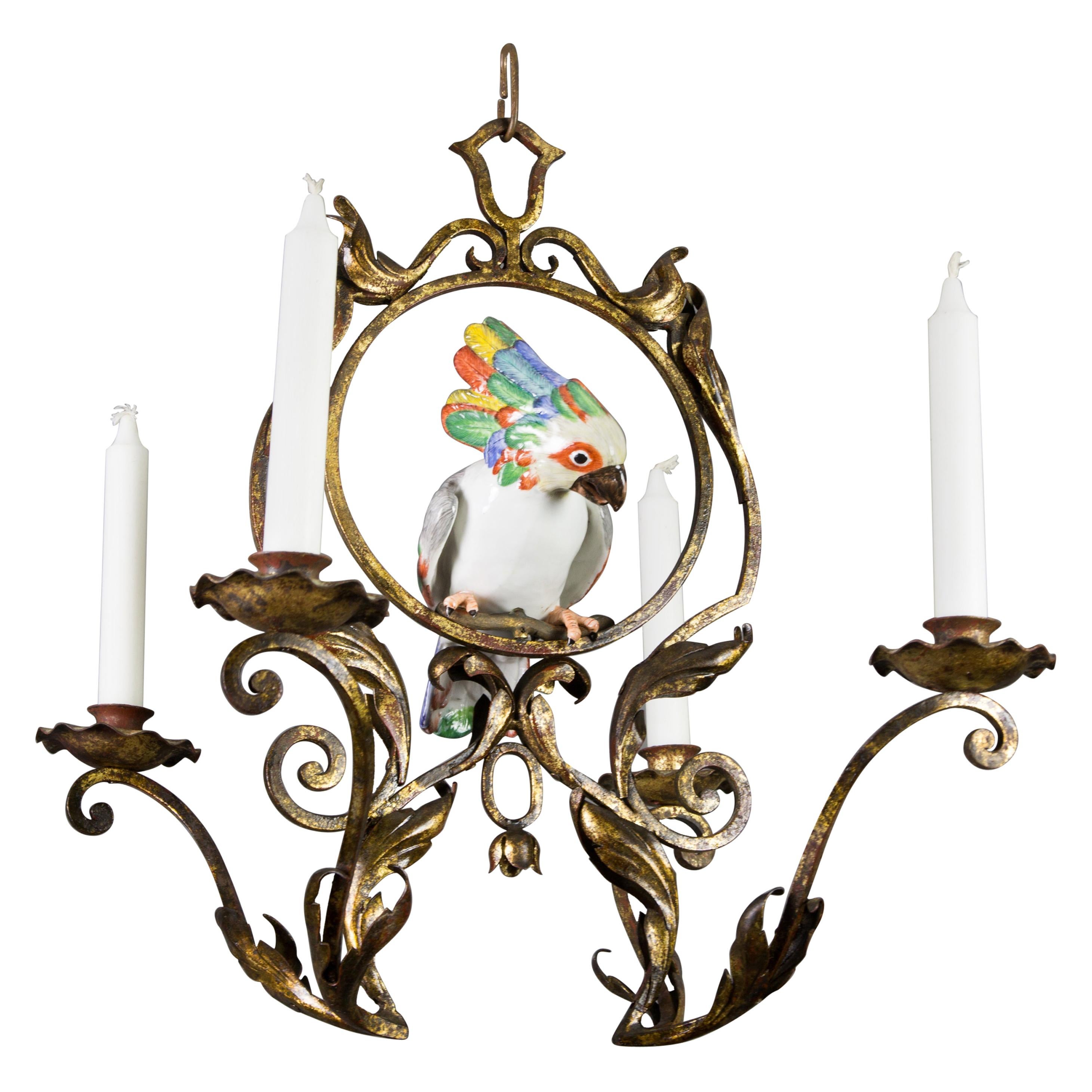 French Art Nouveau Wrought Iron and Porcelain Parrot Figurine Candle Chandelier