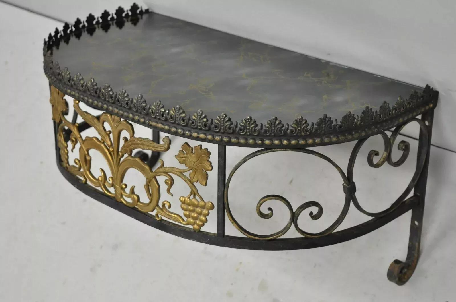 French Art Nouveau Wrought Iron Grapevine Maple Leaf Wall Mounted Console Table For Sale 6