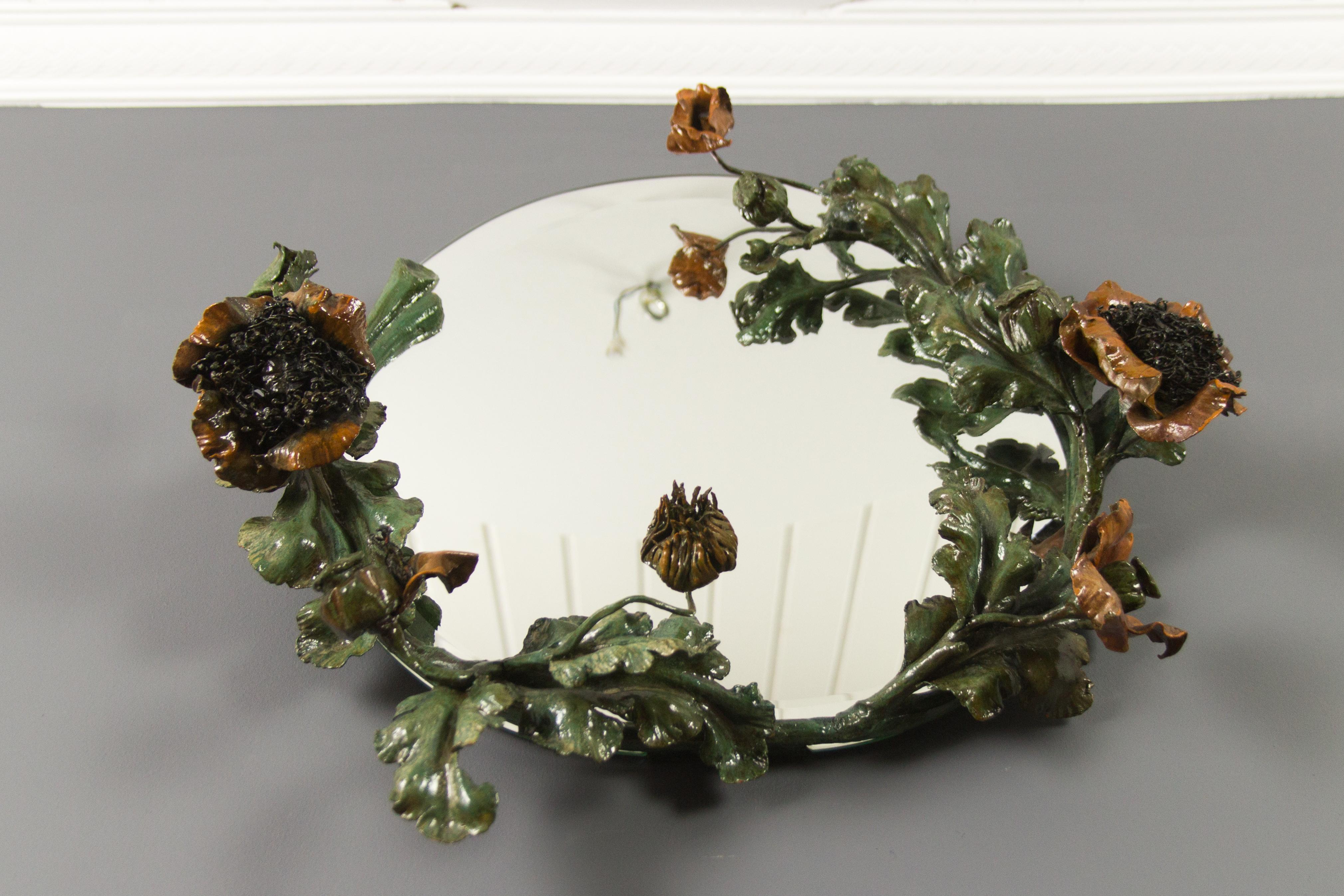 French Art Nouveau Wrought Iron Poppies Floral Round Wall Mirror, 1930s 15