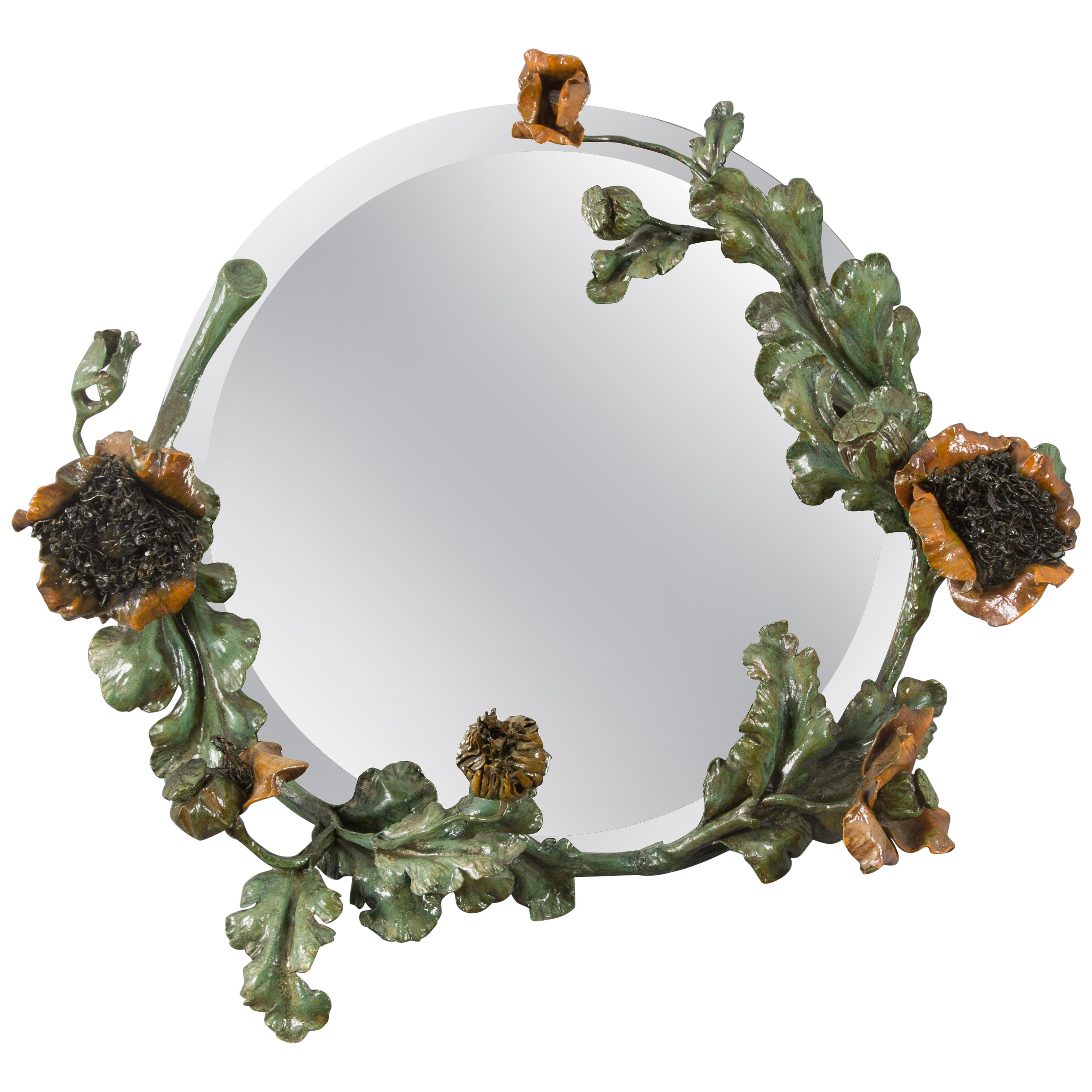 French Art Nouveau Wrought Iron Poppies Floral Round Wall Mirror, 1930s