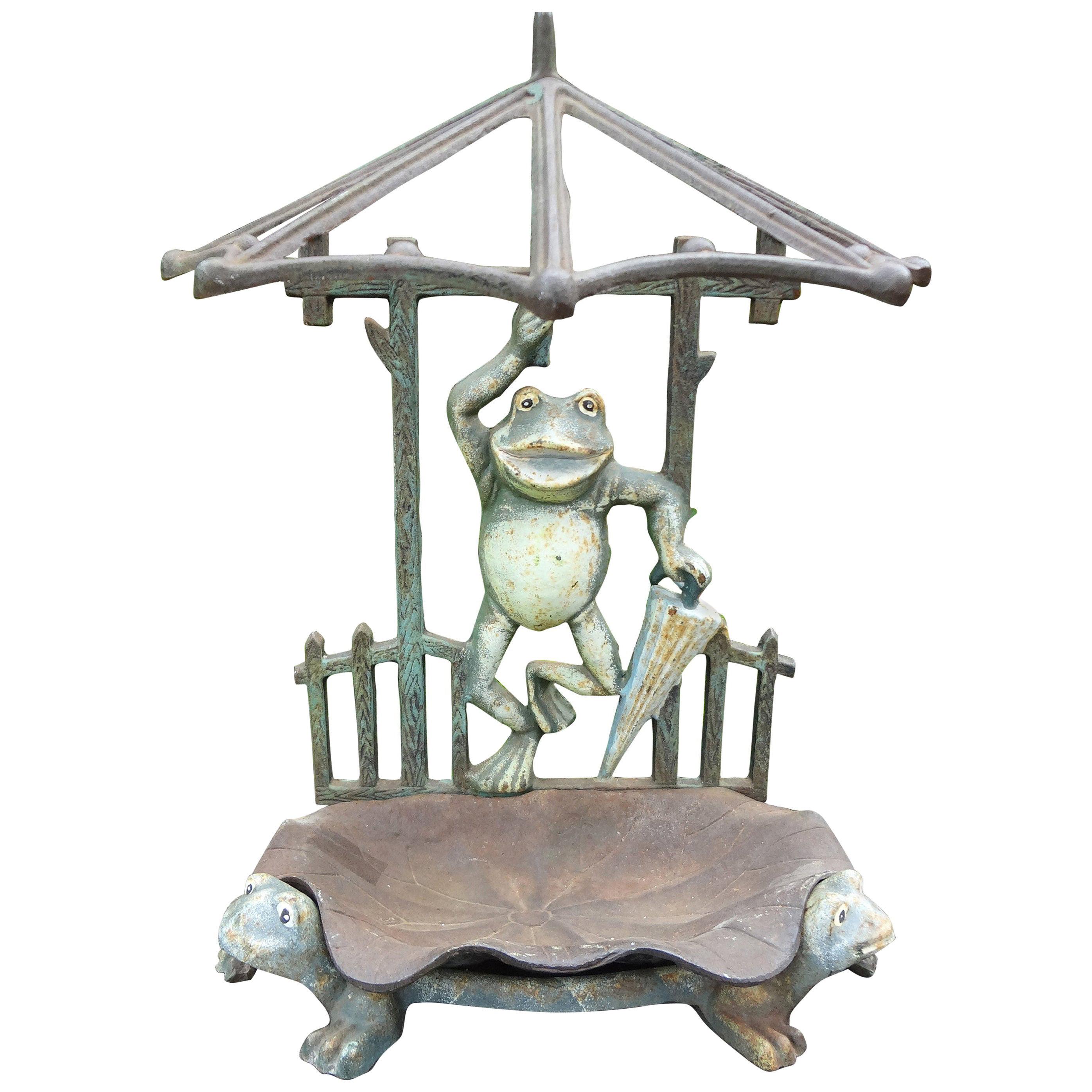 French Art Nouveau Iron Umbrella Stand with Frogs For Sale