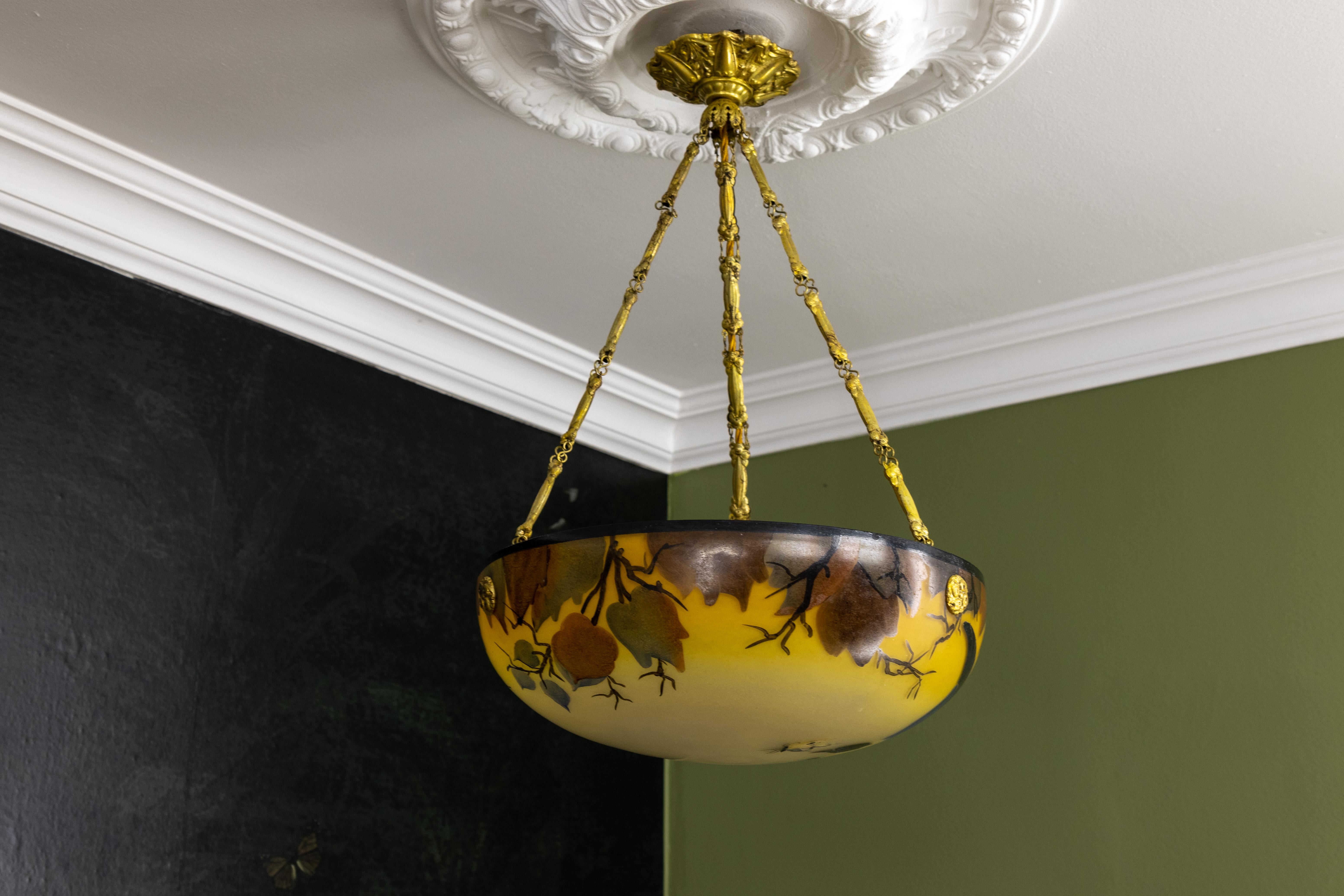 French Art Nouveau Yellow and Brown Painted Glass Pendant Light with Bird, 1920s 5