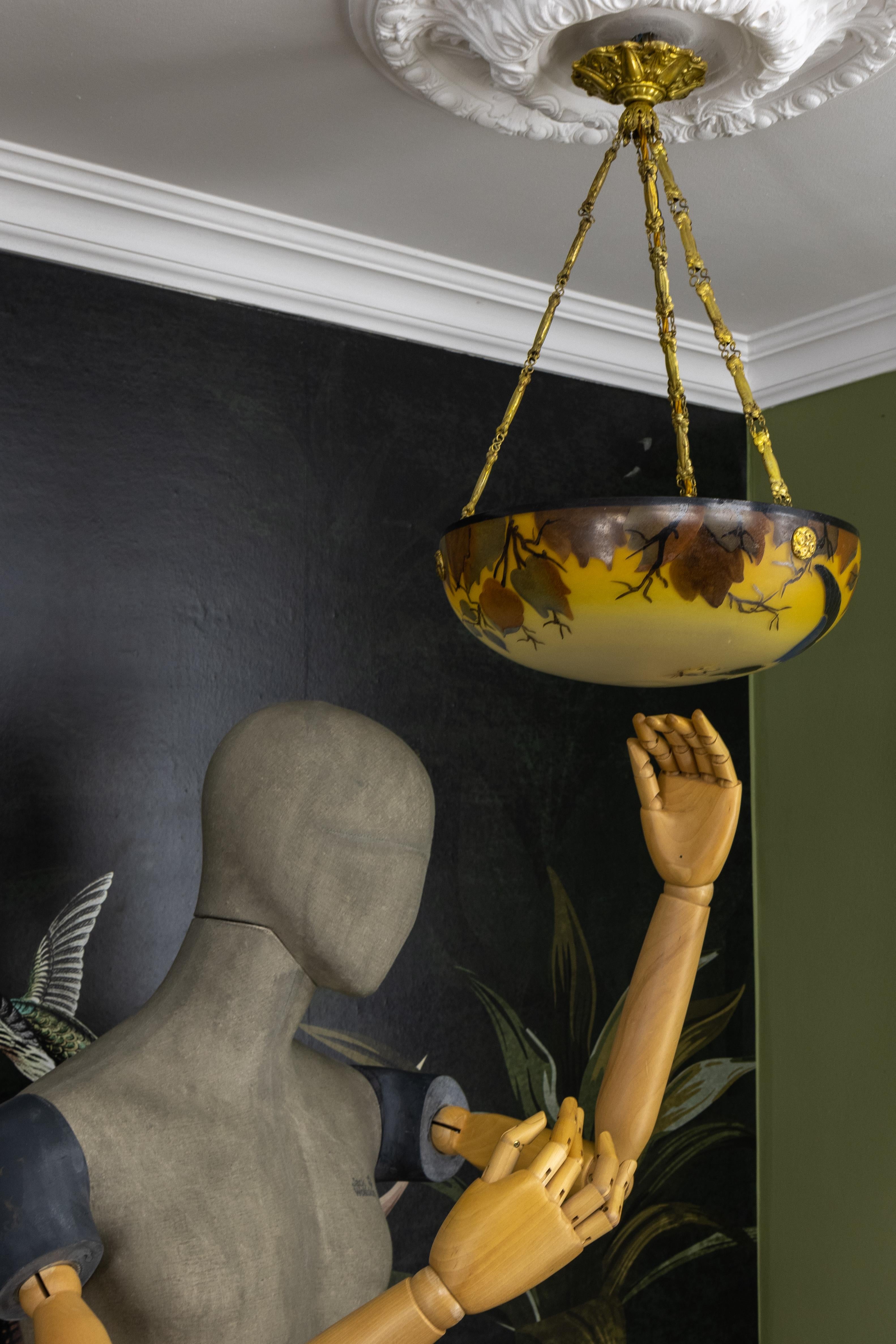 French Art Nouveau Yellow and Brown Painted Glass Pendant Light with Bird, 1920s 6