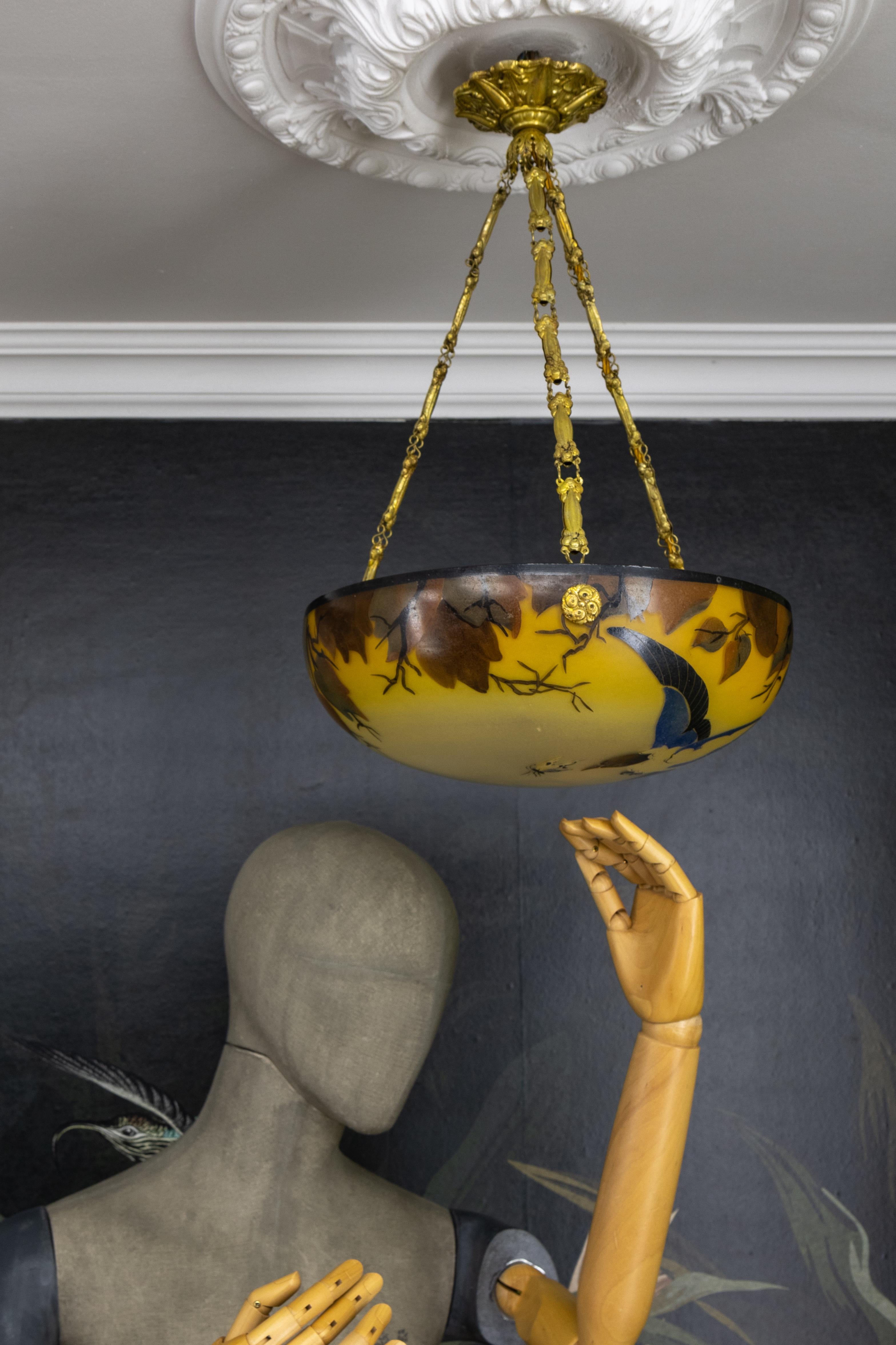 French Art Nouveau Yellow and Brown Painted Glass Pendant Light with Bird, 1920s 7