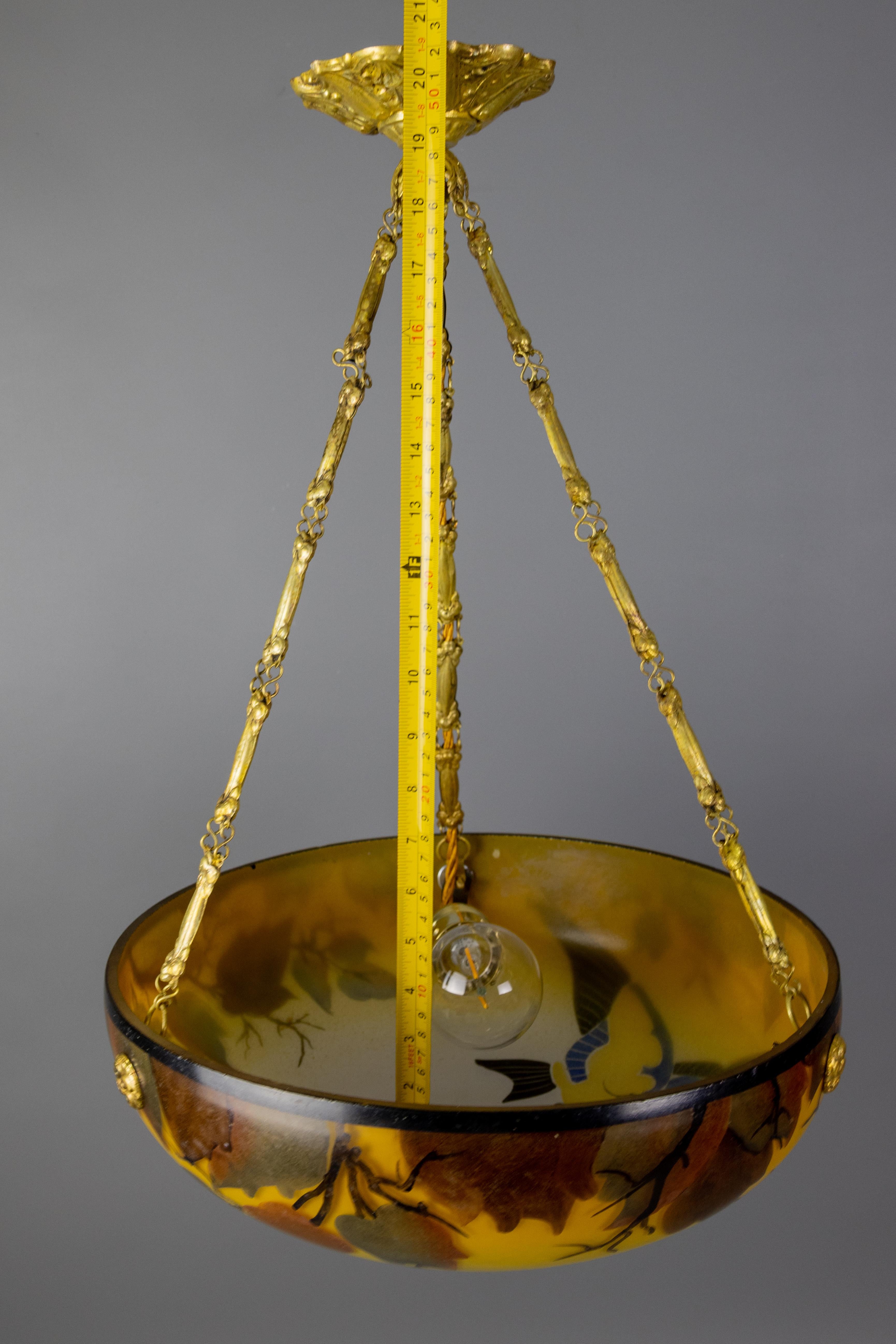 French Art Nouveau Yellow and Brown Painted Glass Pendant Light with Bird, 1920s 8
