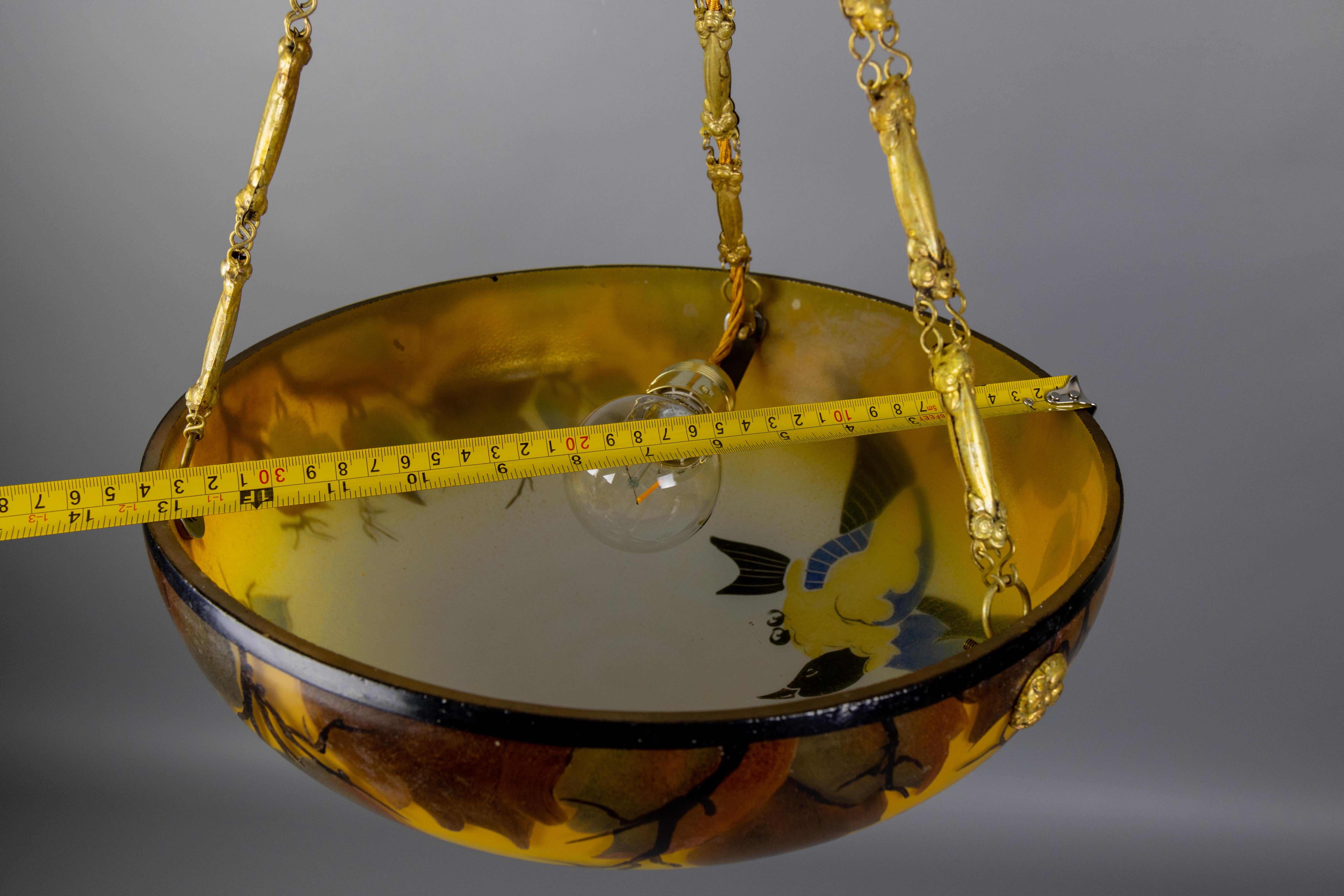 French Art Nouveau Yellow and Brown Painted Glass Pendant Light with Bird, 1920s 9