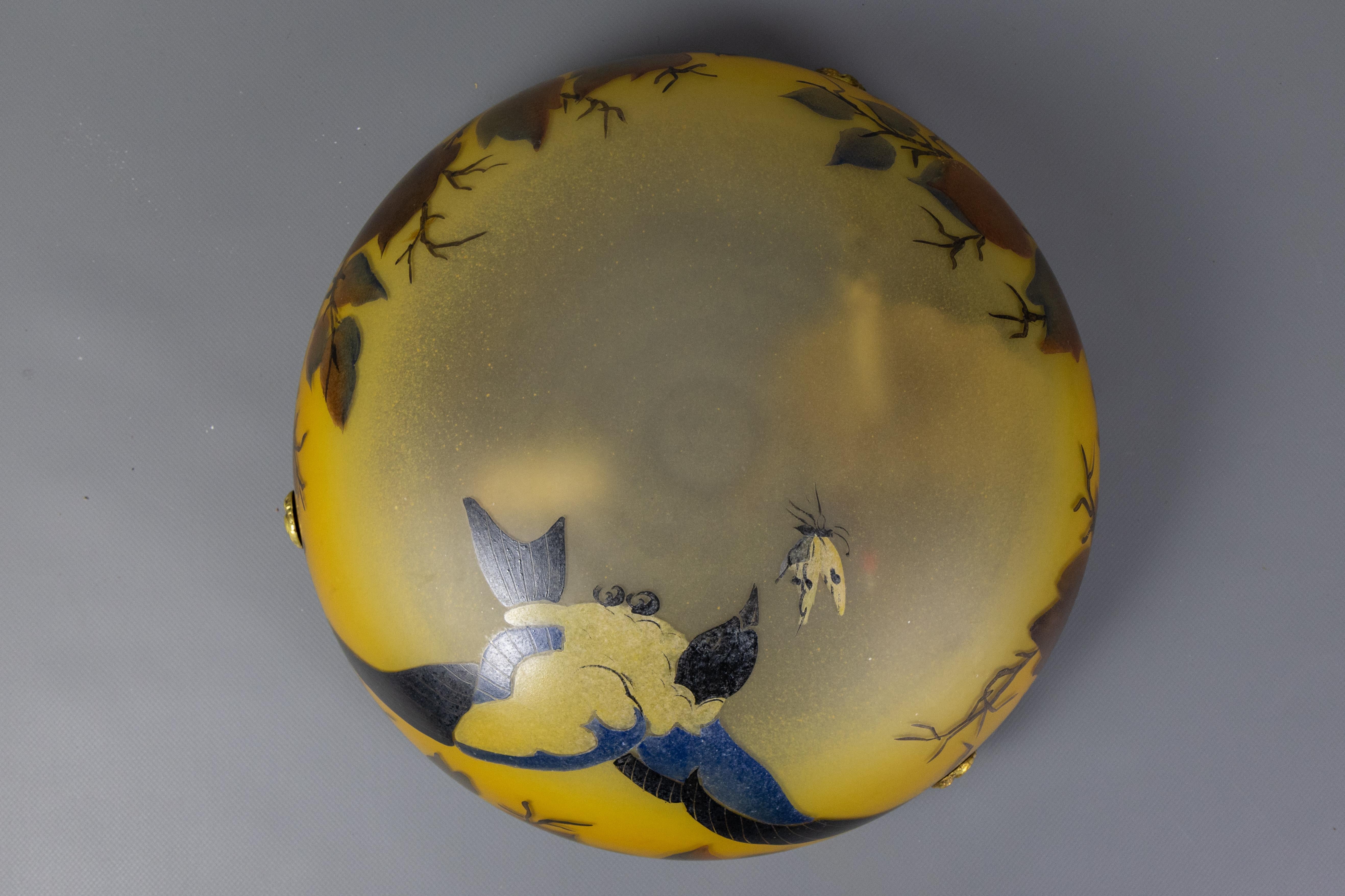 French Art Nouveau Yellow and Brown Painted Glass Pendant Light with Bird, 1920s 10