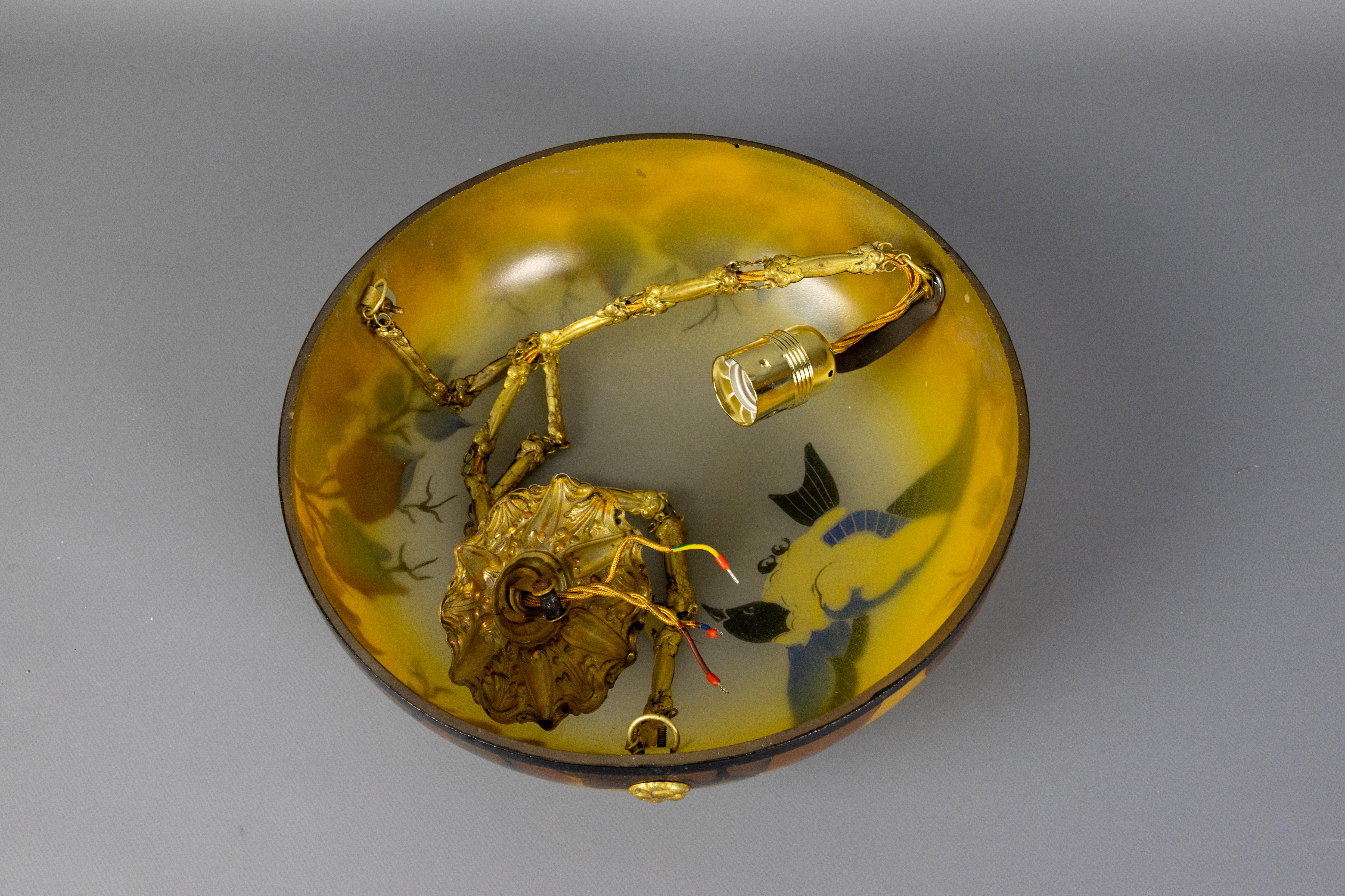 French Art Nouveau Yellow and Brown Painted Glass Pendant Light with Bird, 1920s 11