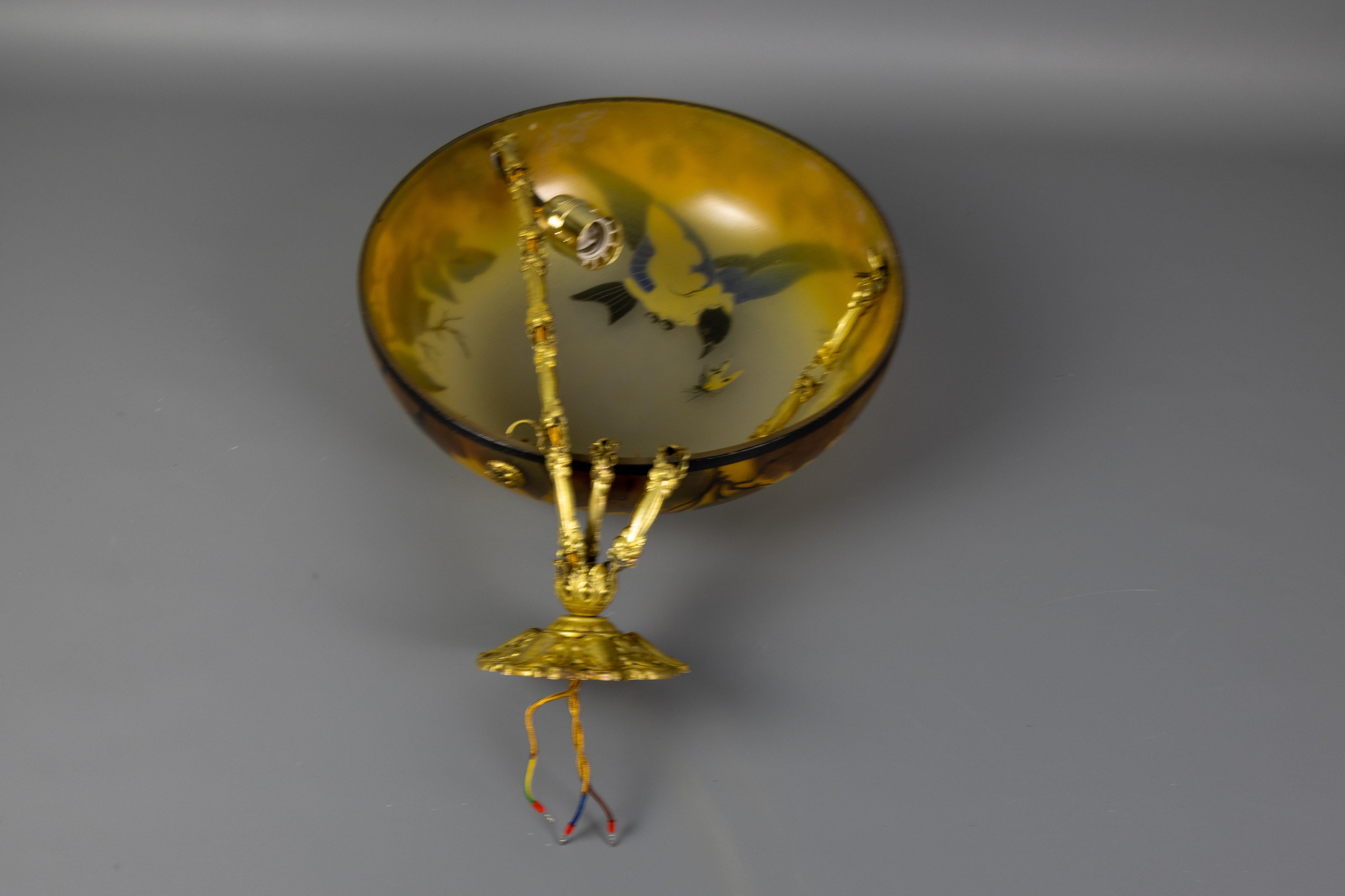 French Art Nouveau Yellow and Brown Painted Glass Pendant Light with Bird, 1920s 12