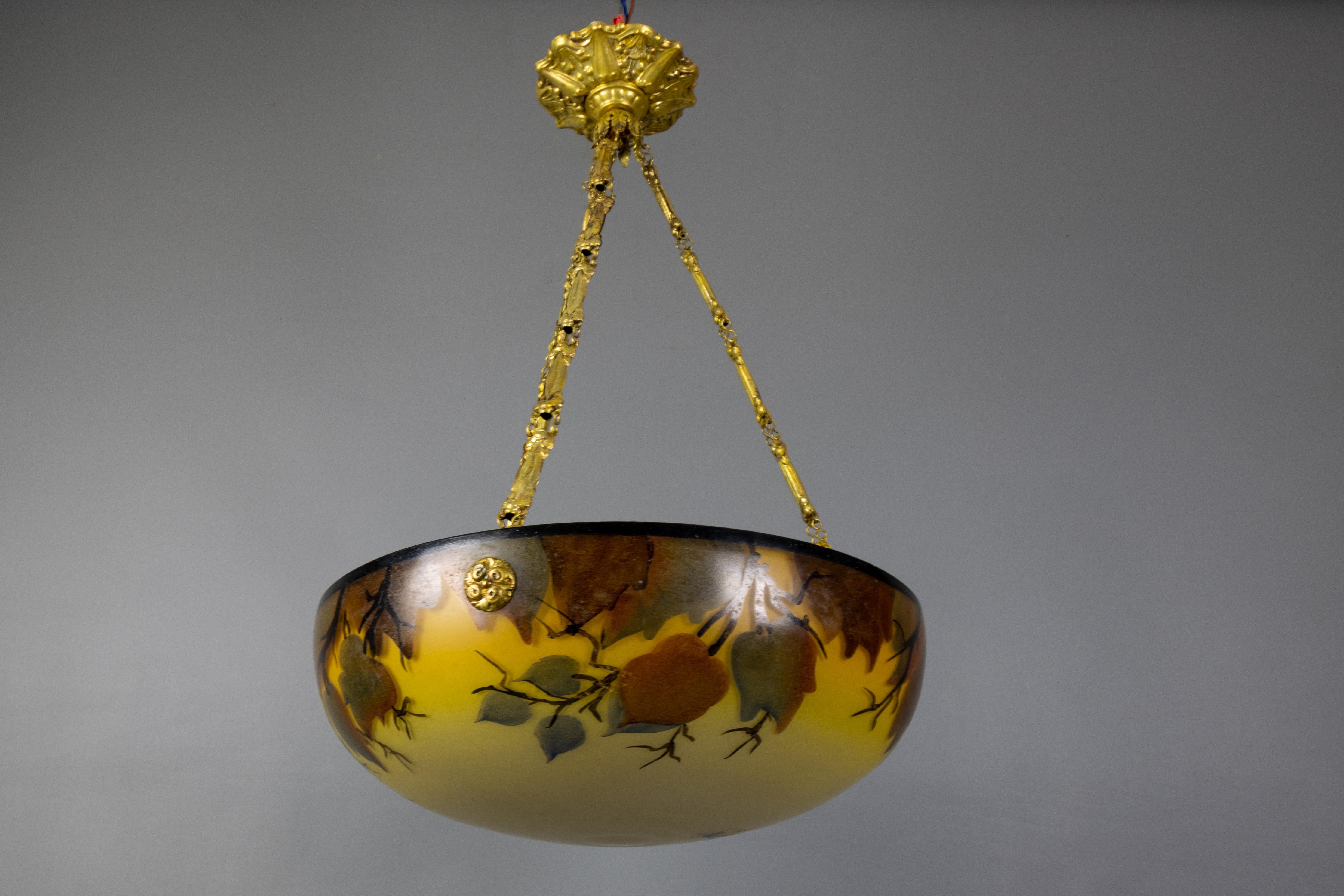 French Art Nouveau Yellow and Brown Painted Glass Pendant Light with Bird, 1920s 13